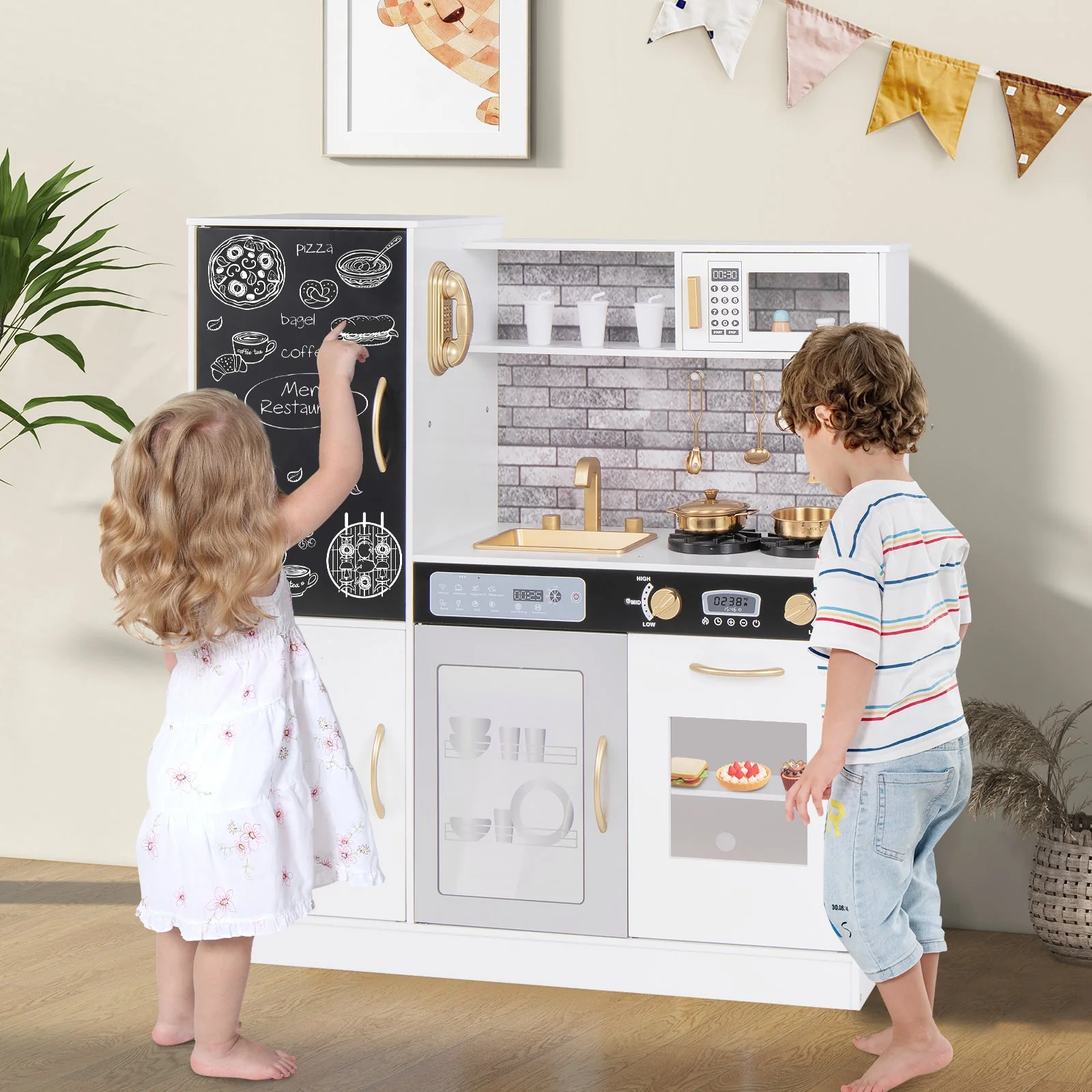 Pretend Play Kitchen with Utensils for Kids Aged 3+-White - Image 2