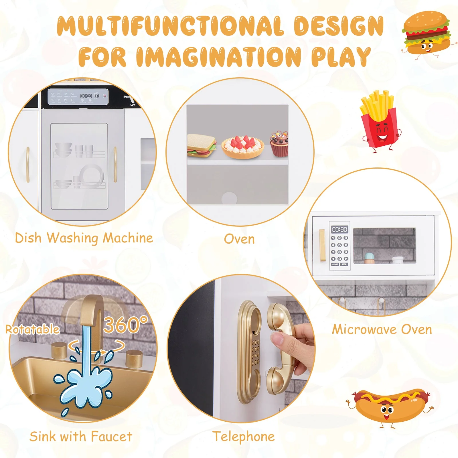 Pretend Play Kitchen with Utensils for Kids Aged 3+-White - Image 6