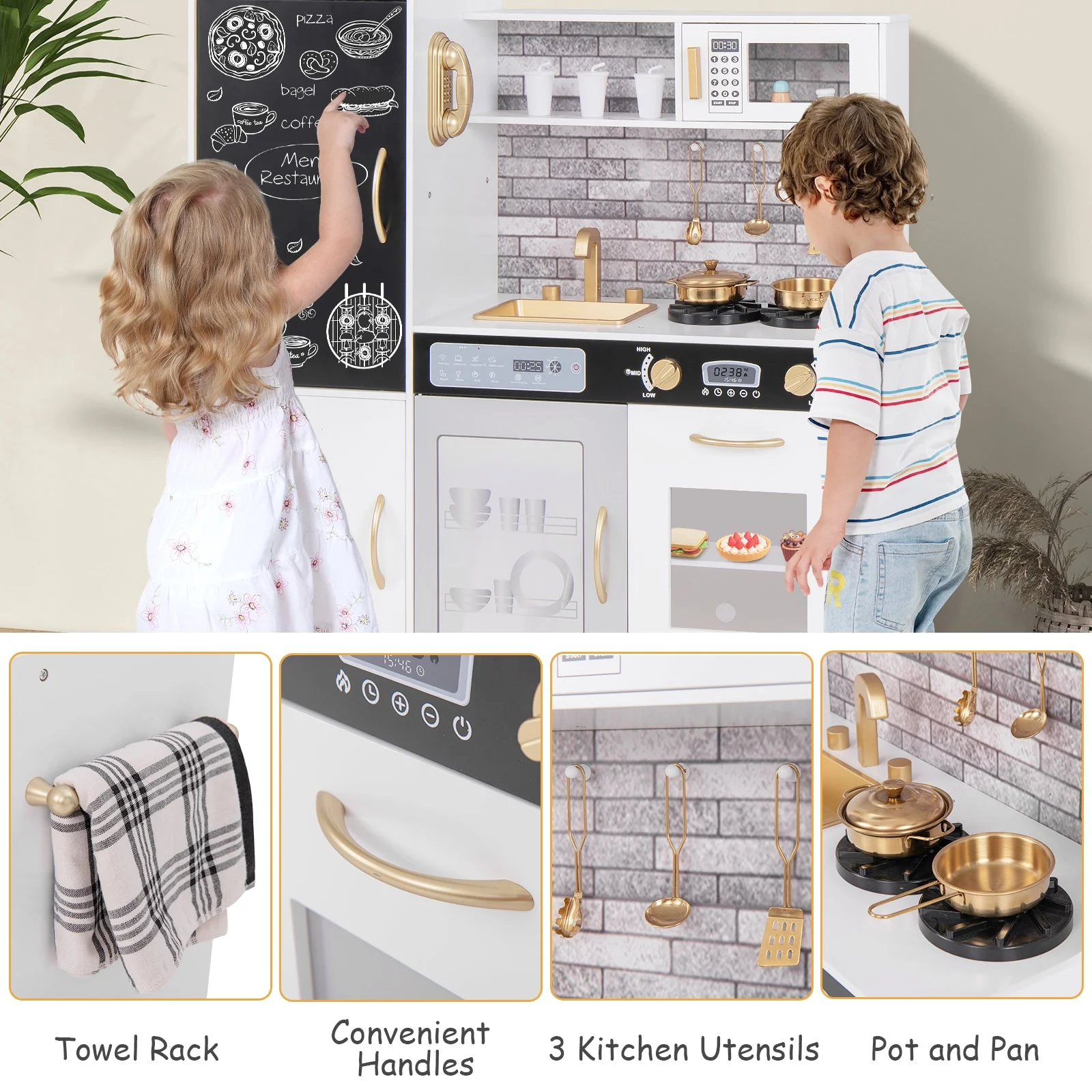 Pretend Play Kitchen with Utensils for Kids Aged 3+-White - Image 8