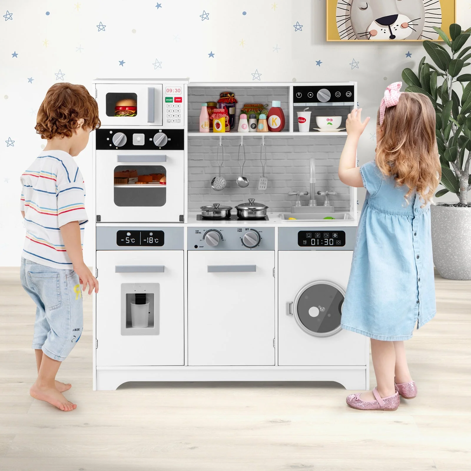 Pretend Play Kitchen Wooden Toy Set Kitchen Accessory Playset with Real Lights Sounds-White - Image 2
