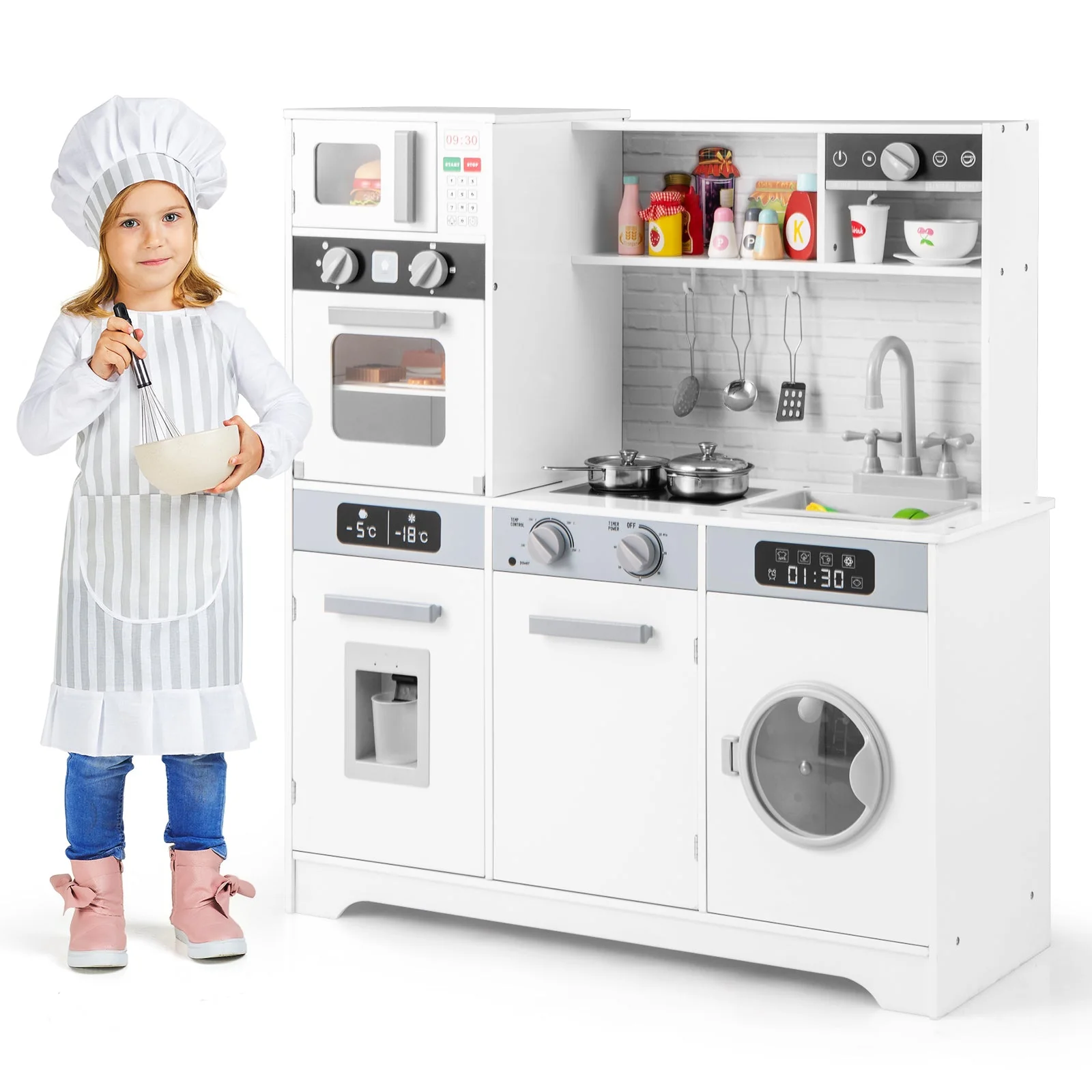 Pretend Play Kitchen Wooden Toy Set Kitchen Accessory Playset with Real Lights Sounds-White - Image 3