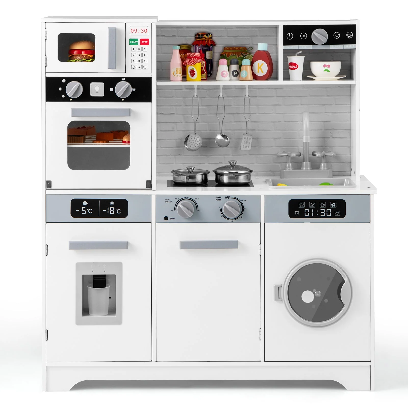 Pretend Play Kitchen Wooden Toy Set Kitchen Accessory Playset with Real Lights Sounds-White - Image 4