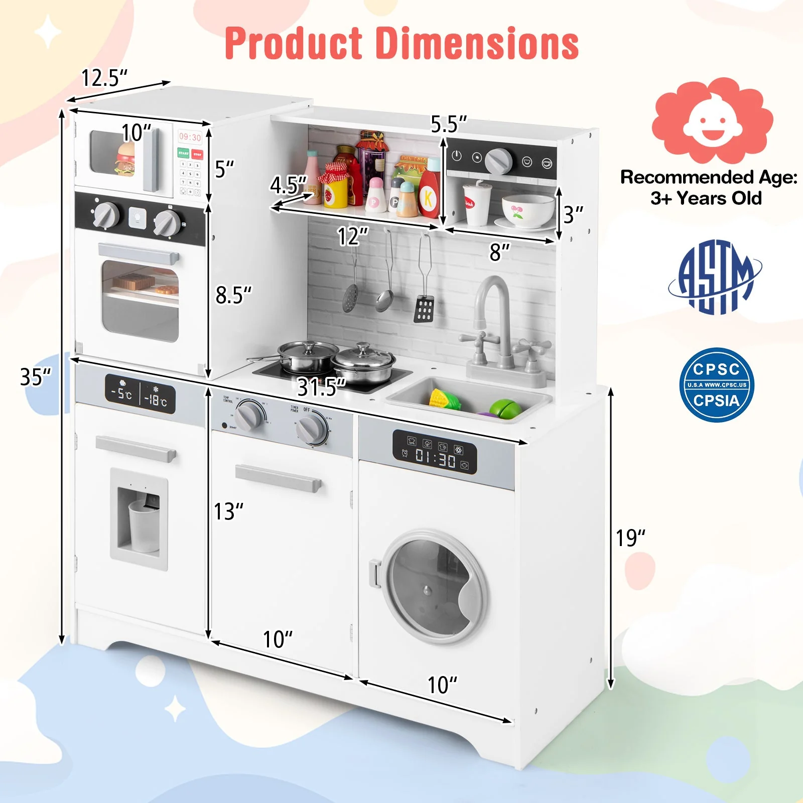 Pretend Play Kitchen Wooden Toy Set Kitchen Accessory Playset with Real Lights Sounds-White - Image 5