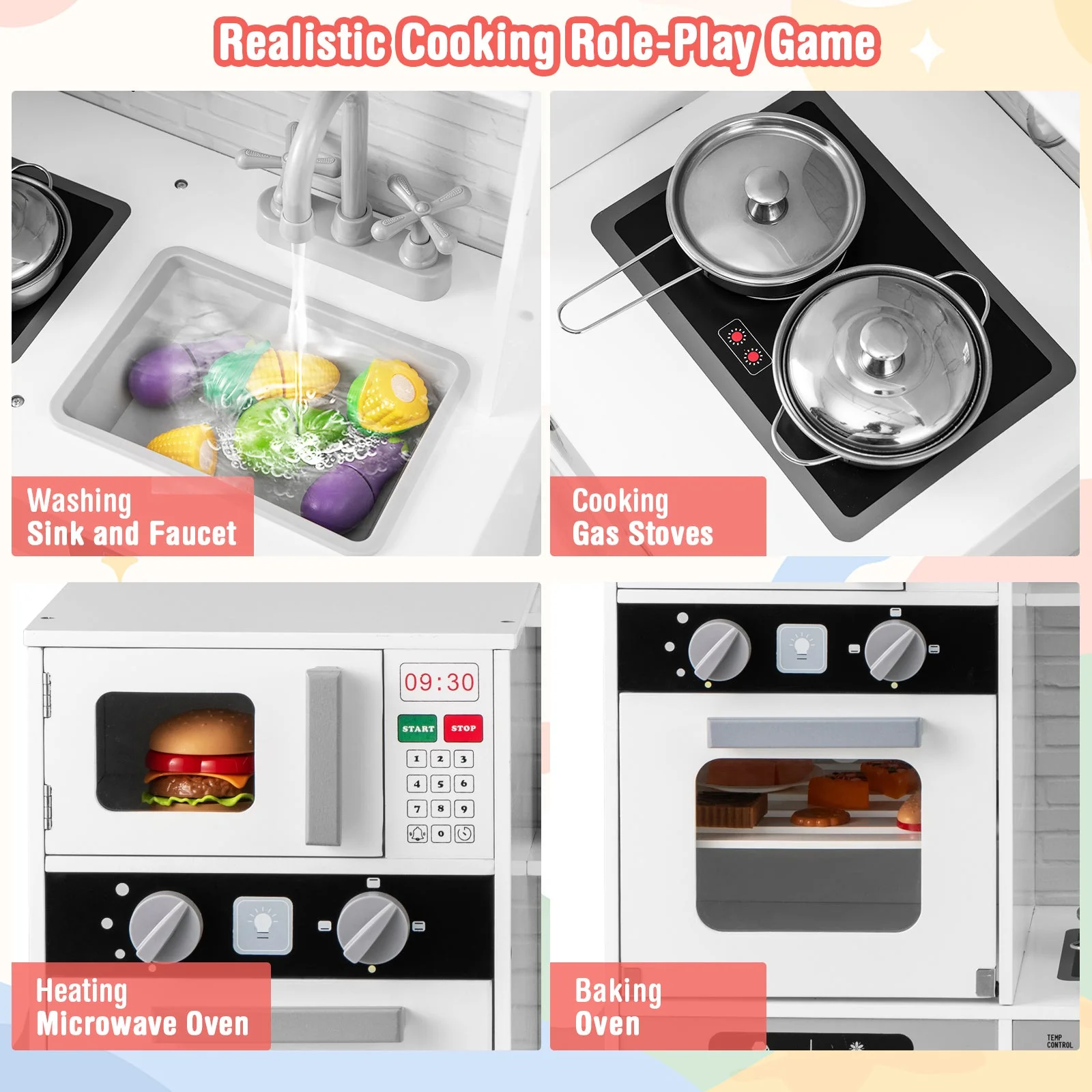 Pretend Play Kitchen Wooden Toy Set Kitchen Accessory Playset with Real Lights Sounds-White - Image 6