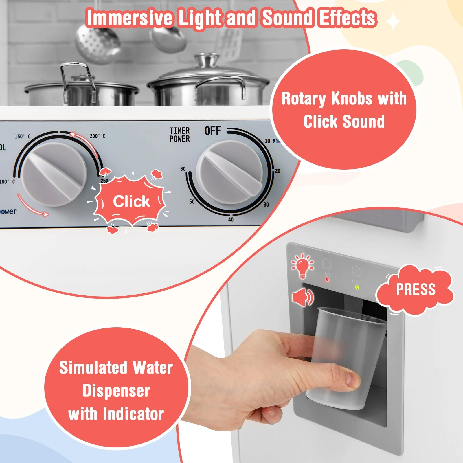 Pretend Play Kitchen Wooden Toy Set Kitchen Accessory Playset with Real Lights Sounds-White - Image 7
