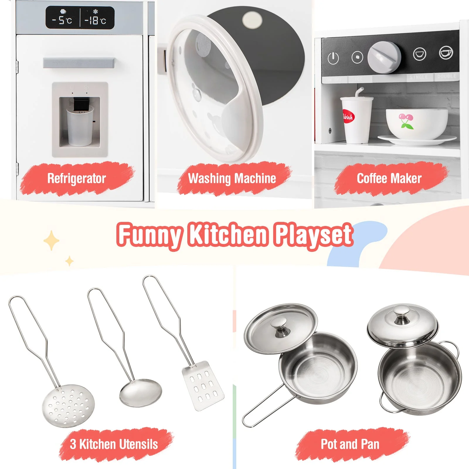 Pretend Play Kitchen Wooden Toy Set Kitchen Accessory Playset with Real Lights Sounds-White - Image 8
