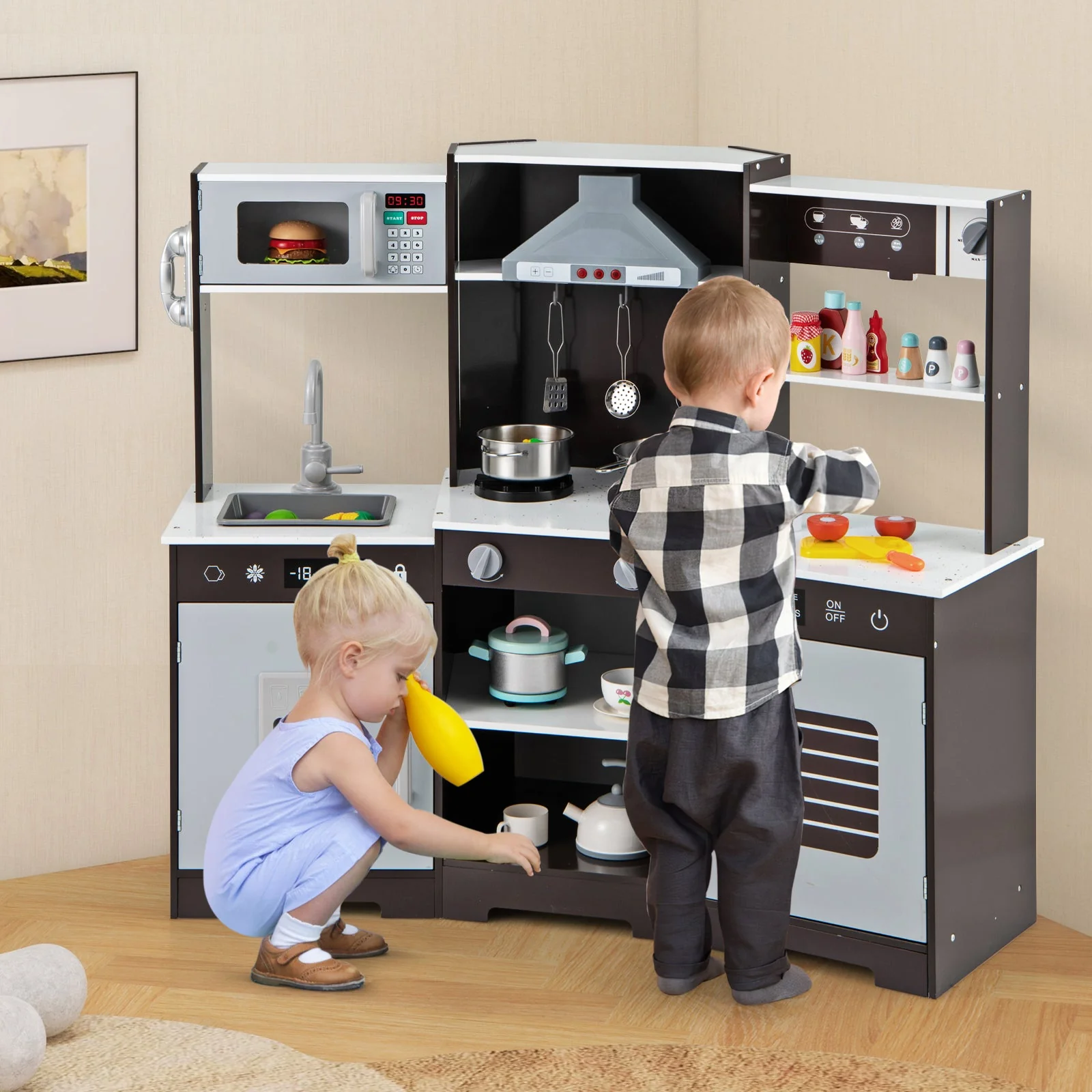 Pretend Play Kitchen Wooden Toy Set with Range Hood Real Sounds and Lights-Brown - Image 2