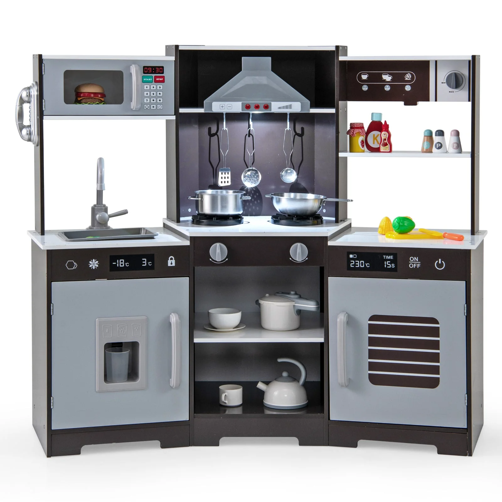 Pretend Play Kitchen Wooden Toy Set with Range Hood Real Sounds and Lights-Brown - Image 3