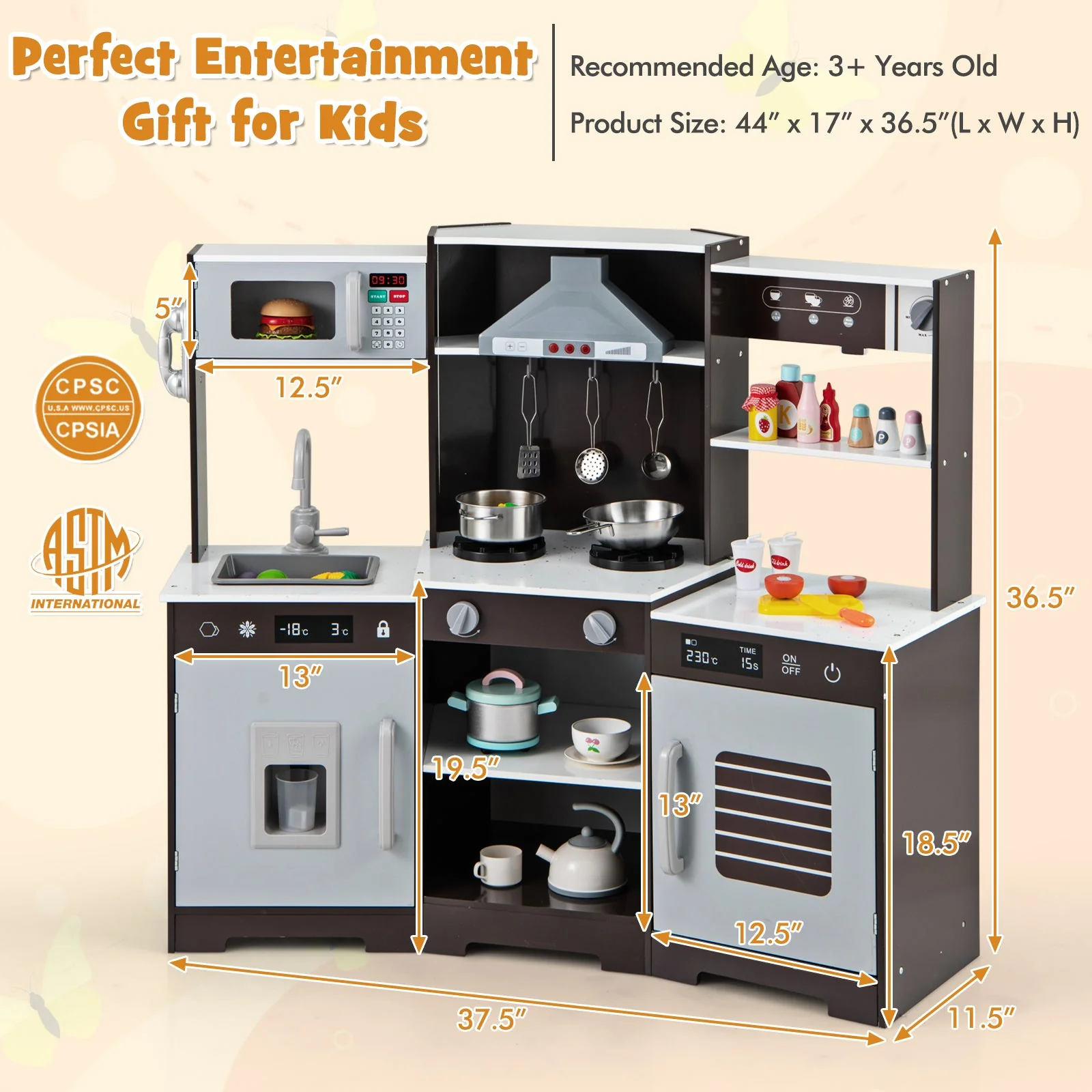 Pretend Play Kitchen Wooden Toy Set with Range Hood Real Sounds and Lights-Brown - Image 4