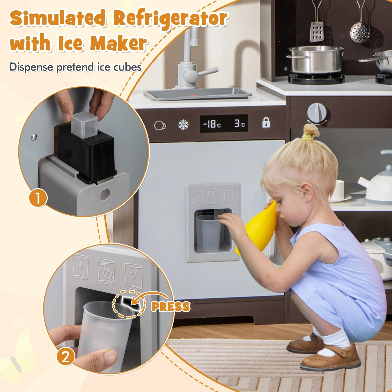 Pretend Play Kitchen Wooden Toy Set with Range Hood Real Sounds and Lights-Brown - Image 6