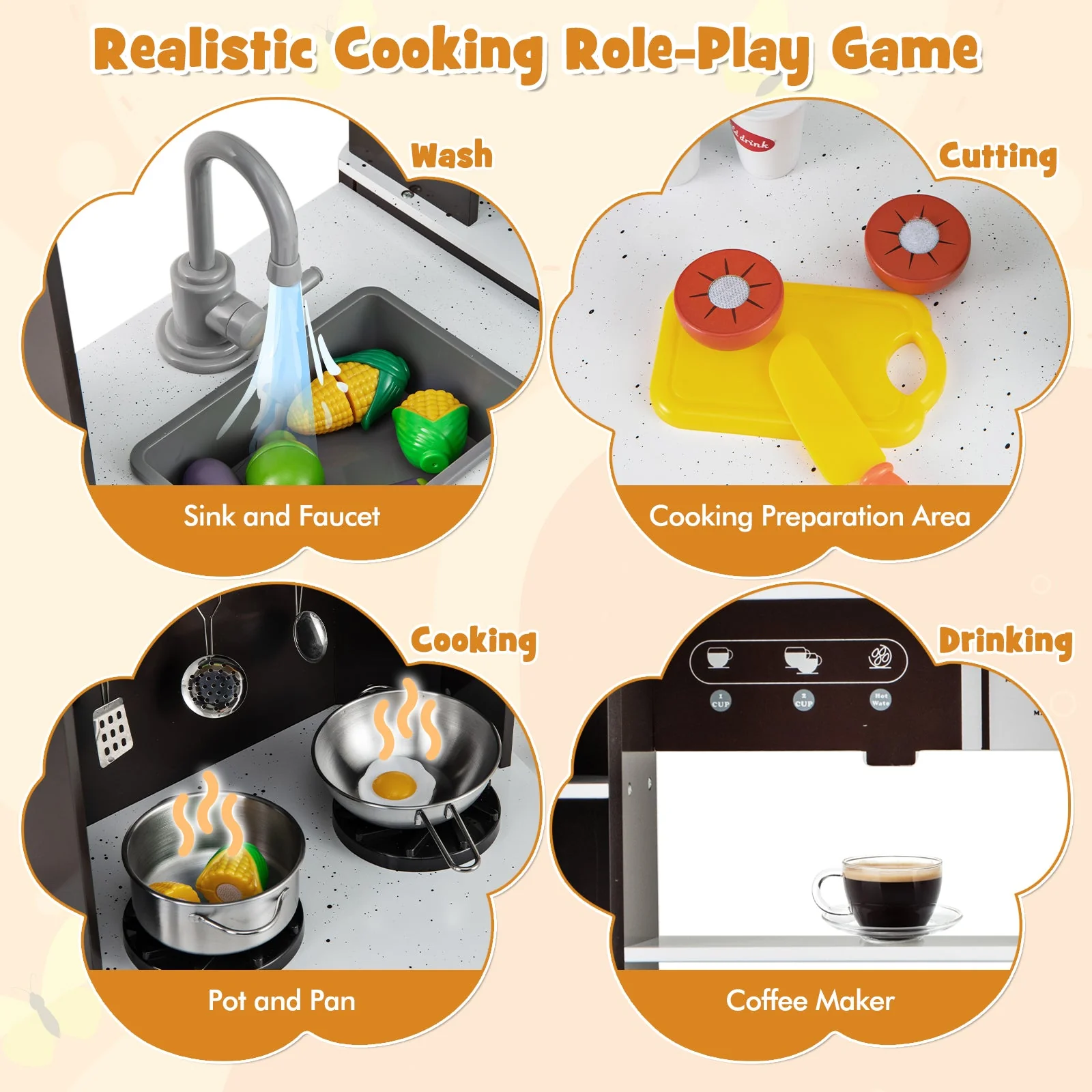 Pretend Play Kitchen Wooden Toy Set with Range Hood Real Sounds and Lights-Brown - Image 7
