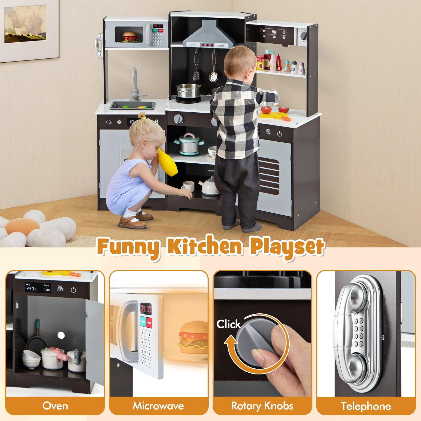 Pretend Play Kitchen Wooden Toy Set with Range Hood Real Sounds and Lights-Brown - Image 8