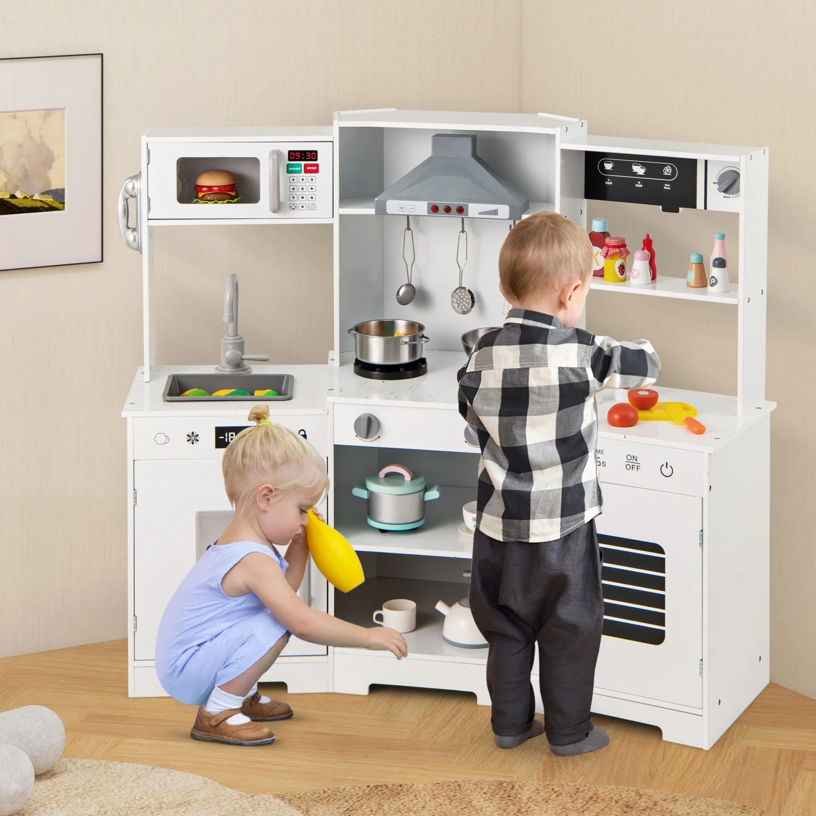 Pretend Play Kitchen Wooden Toy Set with Range Hood Real Sounds and Lights-White - Image 2