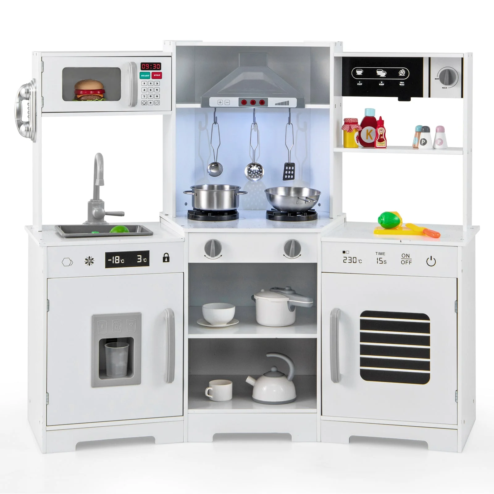 Pretend Play Kitchen Wooden Toy Set with Range Hood Real Sounds and Lights-White - Image 3