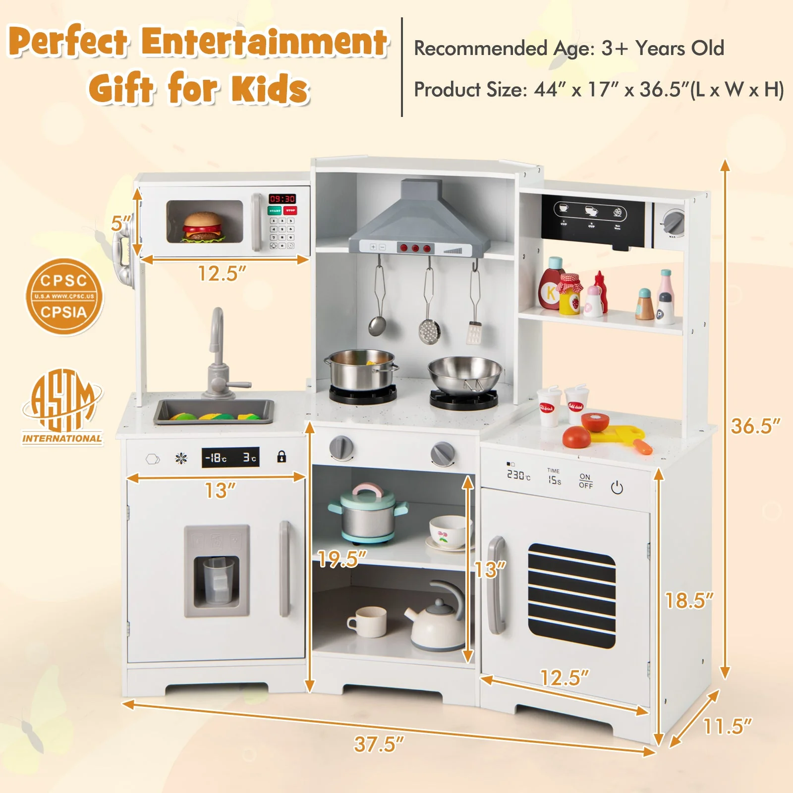 Pretend Play Kitchen Wooden Toy Set with Range Hood Real Sounds and Lights-White - Image 4