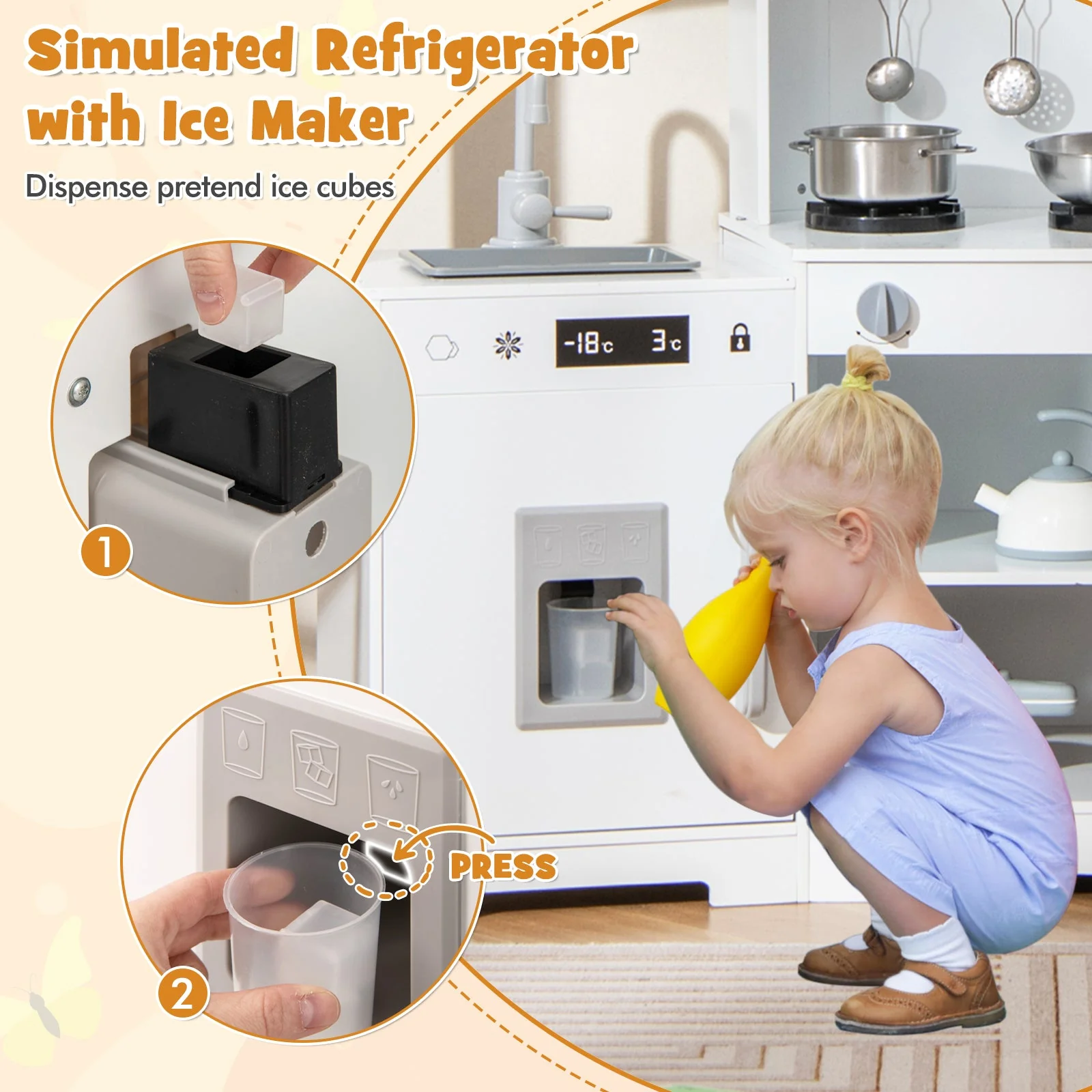 Pretend Play Kitchen Wooden Toy Set with Range Hood Real Sounds and Lights-White - Image 6