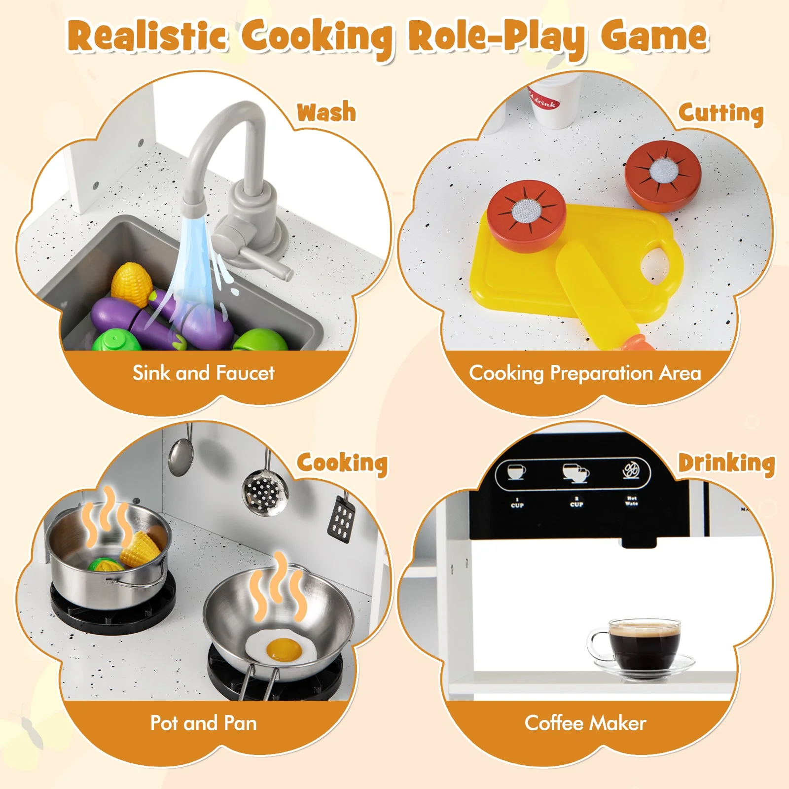 Pretend Play Kitchen Wooden Toy Set with Range Hood Real Sounds and Lights-White - Image 7