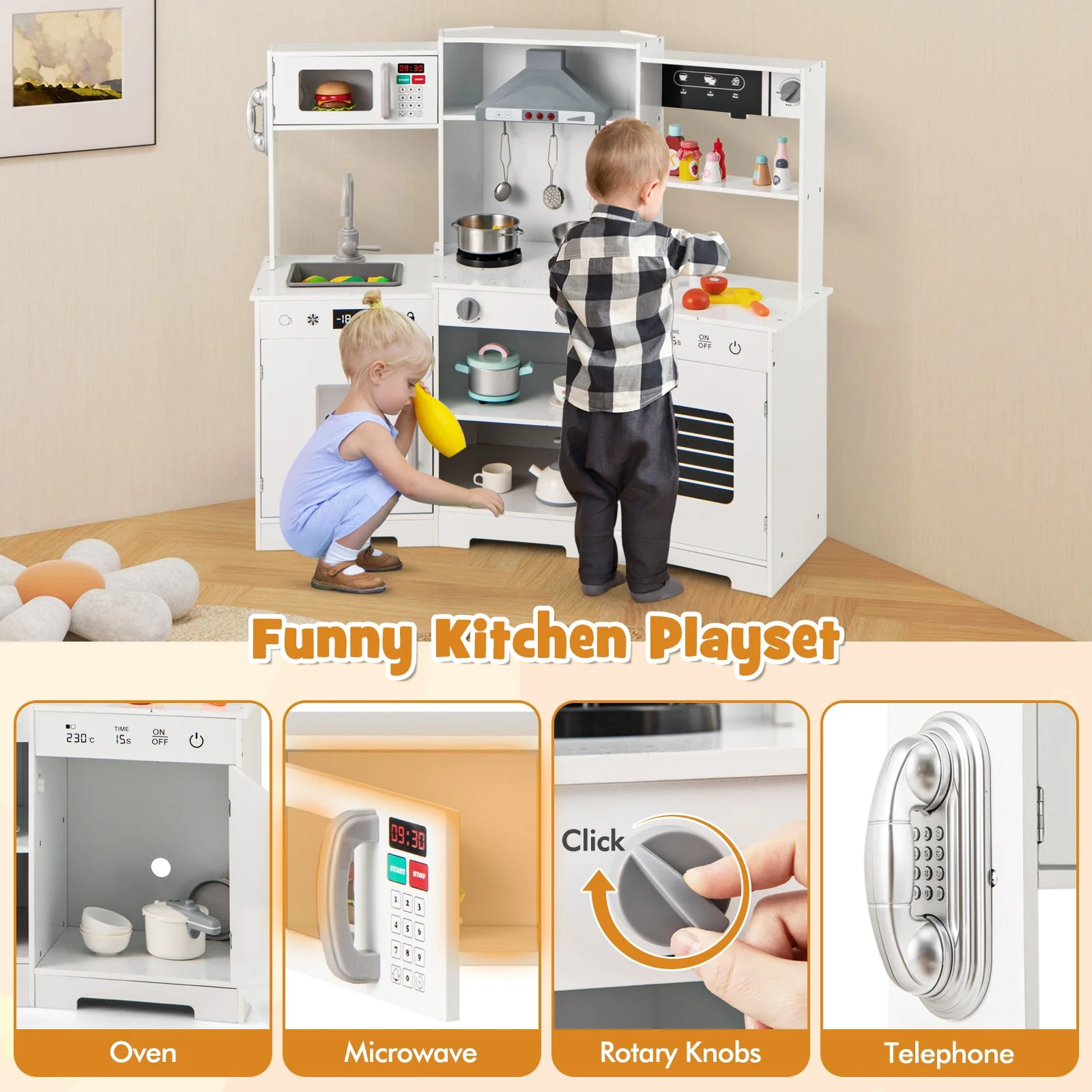 Pretend Play Kitchen Wooden Toy Set with Range Hood Real Sounds and Lights-White - Image 8