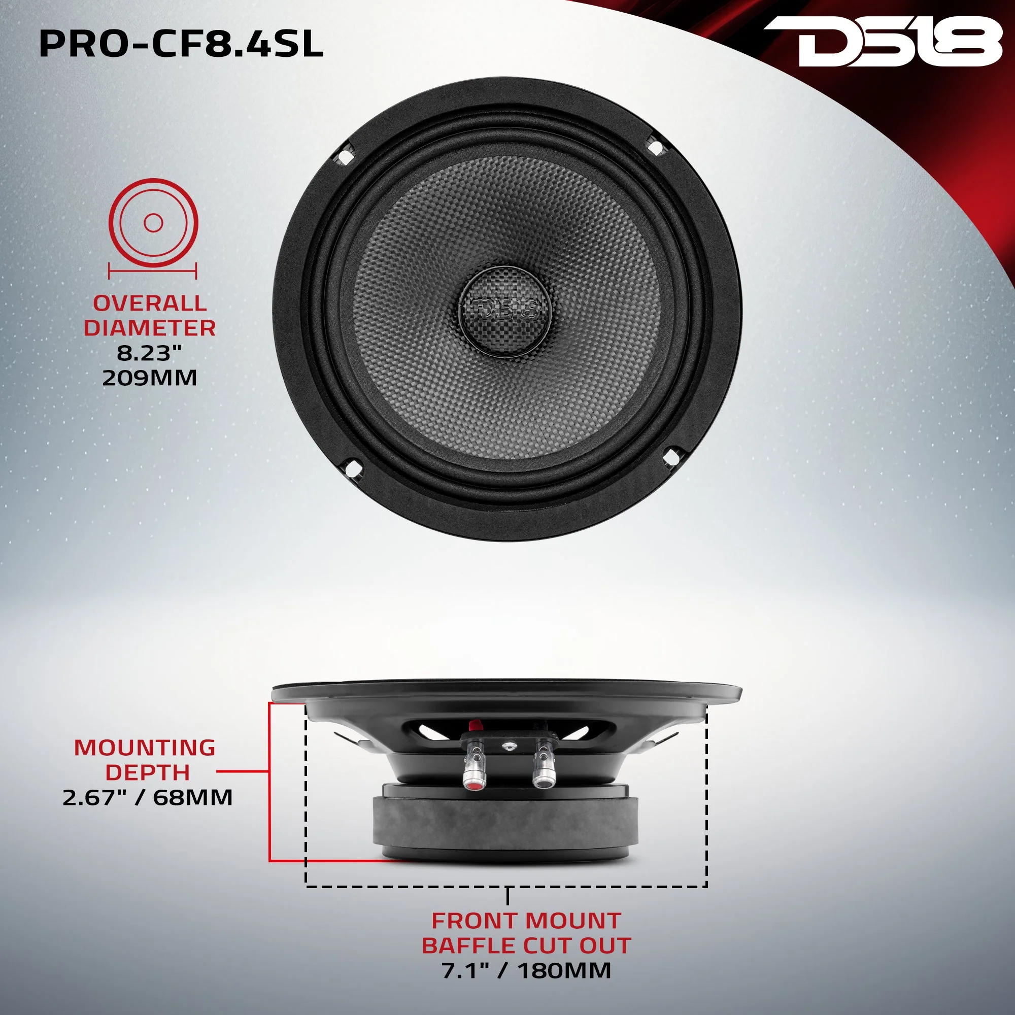 PRO 8" Shallow Carbon Fiber Water resistant Cone Mid-Bass Loudspeaker 275 Watts Rms 4-Ohm - Image 7