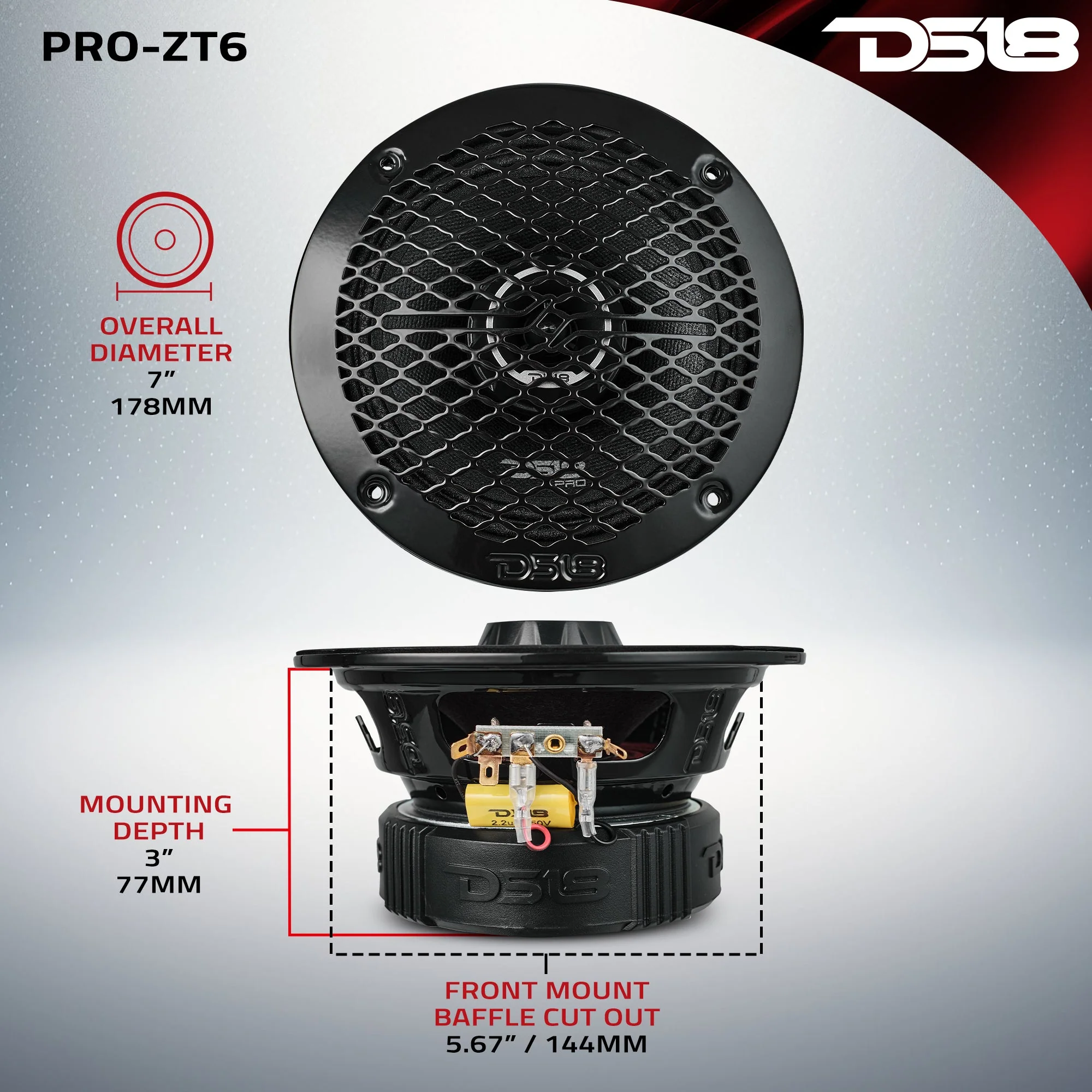 PRO-ZT 6.5" Coaxial Mid-Range Loudspeaker with Water Resistant Cone Built-in Bullet Tweeter and Grill | 225W RMS 4-Ohm - Image 9