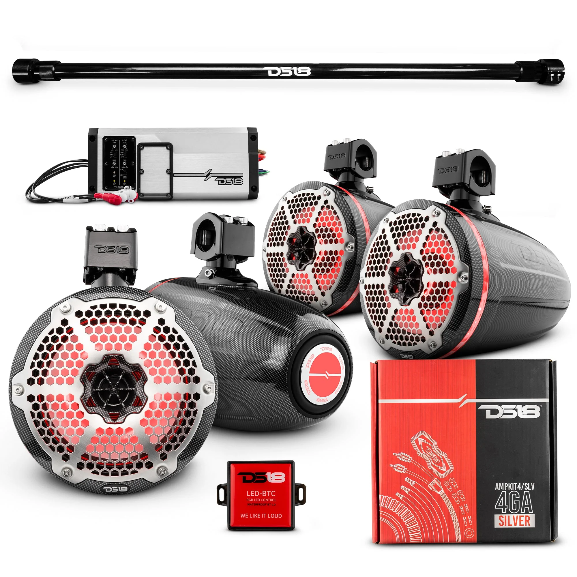 PU-TUBE 4x 8" Marine Towers Speakers with RGB LED Lights, 4-Channel Marine Amplifier and AMPKIT for Pick Up & Trucks - Image 3
