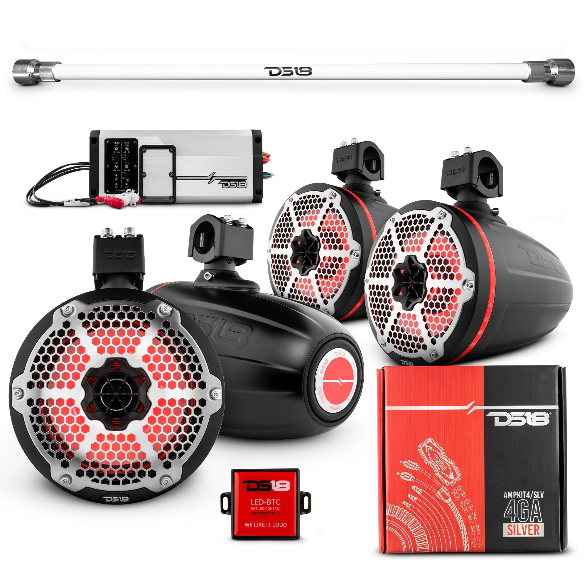 PU-TUBE 4x 8" Marine Towers Speakers with RGB LED Lights, 4-Channel Marine Amplifier and AMPKIT for Pick Up & Trucks - Image 6
