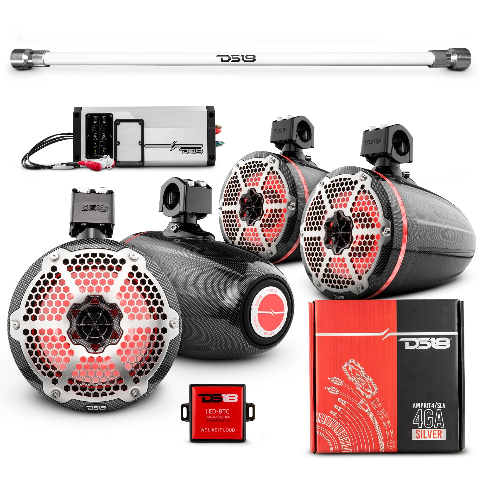 PU-TUBE 4x 8" Marine Towers Speakers with RGB LED Lights, 4-Channel Marine Amplifier and AMPKIT for Pick Up & Trucks - Image 7