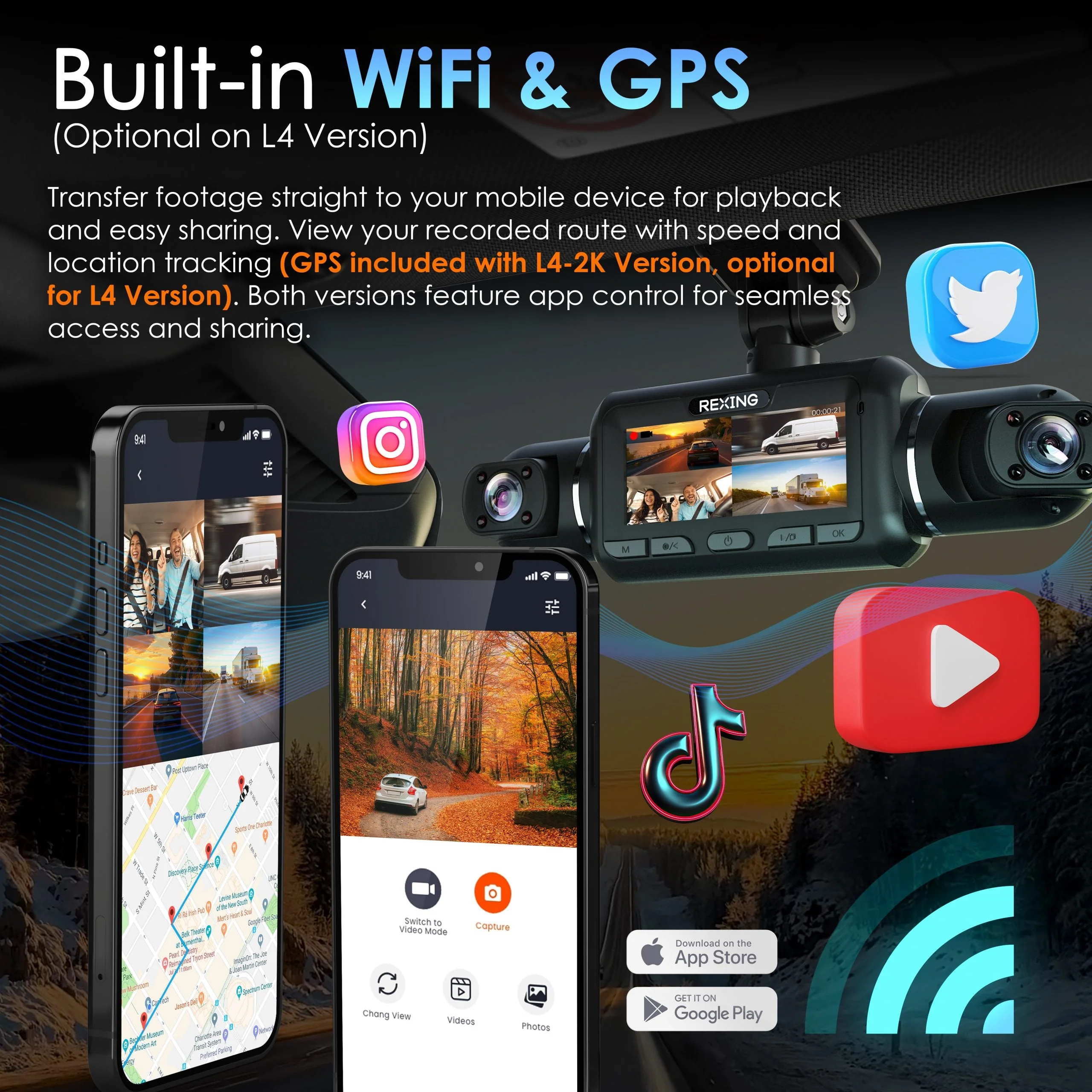 Rexing L4 Series 4-Channel Dash Cams with Ultra-Wide Angle, Wi-Fi, Night Vision, and GPS, App Control, Loop Recording, Collision Sensor - Image 9