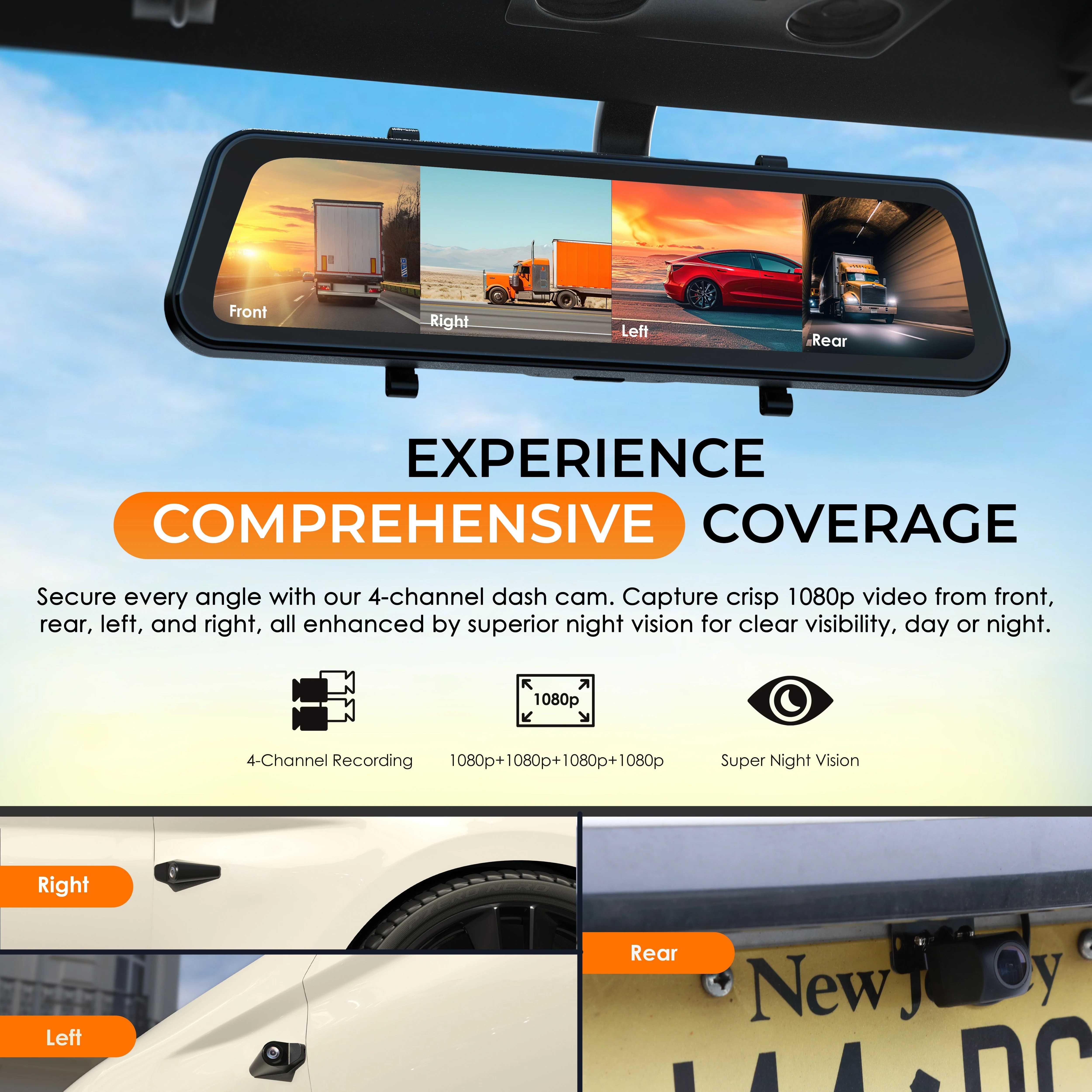 REXING M2-4 4-Channel Mirror Dash Cam, 12” Touch Screen, 1080p with GPS - Image 2
