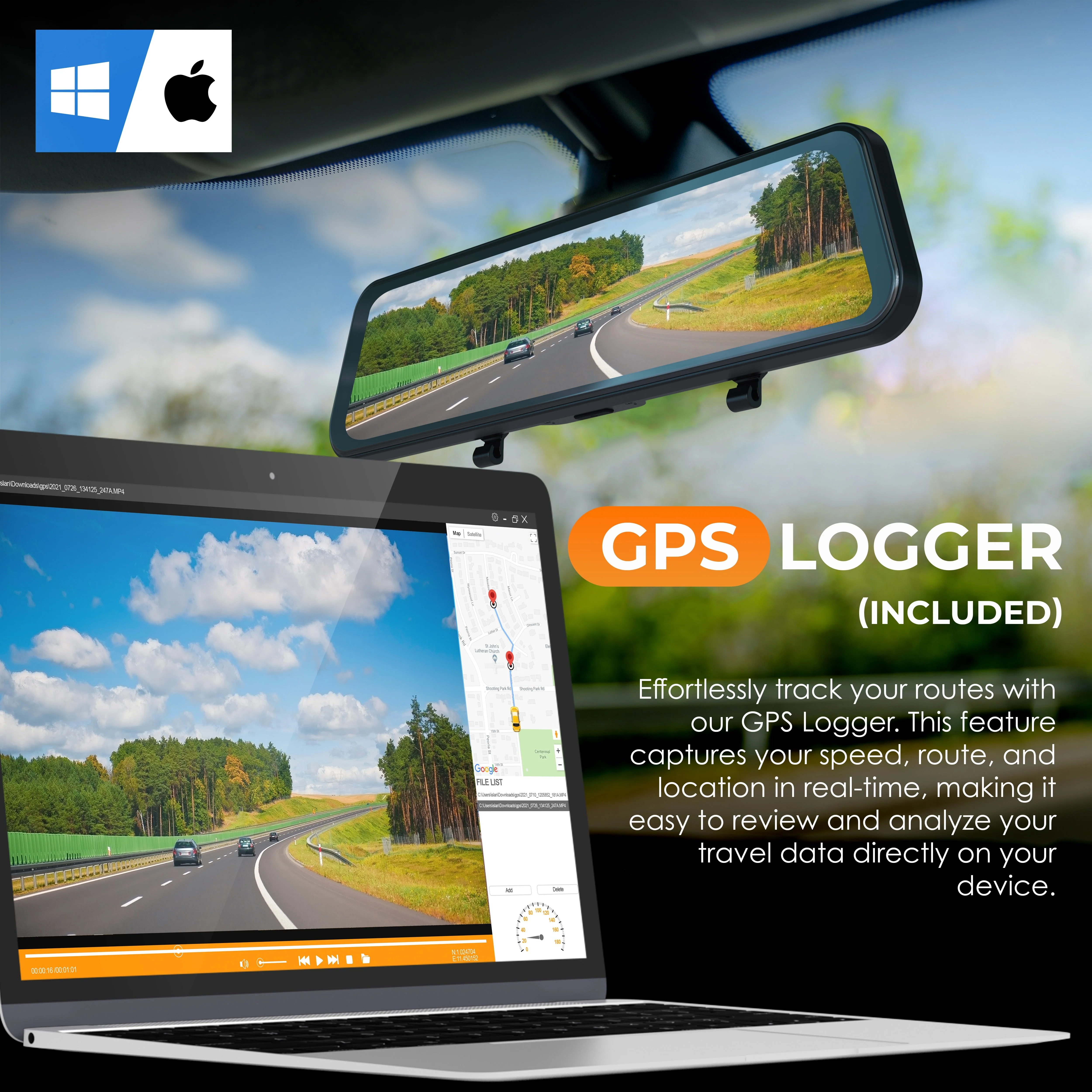 REXING M2-4 4-Channel Mirror Dash Cam, 12” Touch Screen, 1080p with GPS - Image 5
