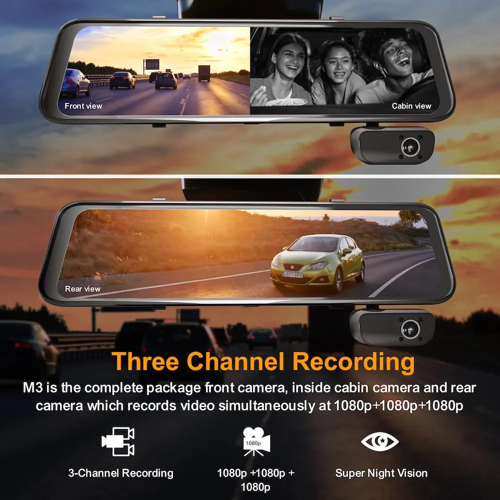 Rexing M3 3 Channel 1080p Front +1080p Cabin +1080p Rear Mirrored Dash Cam w/ GPS - Image 2