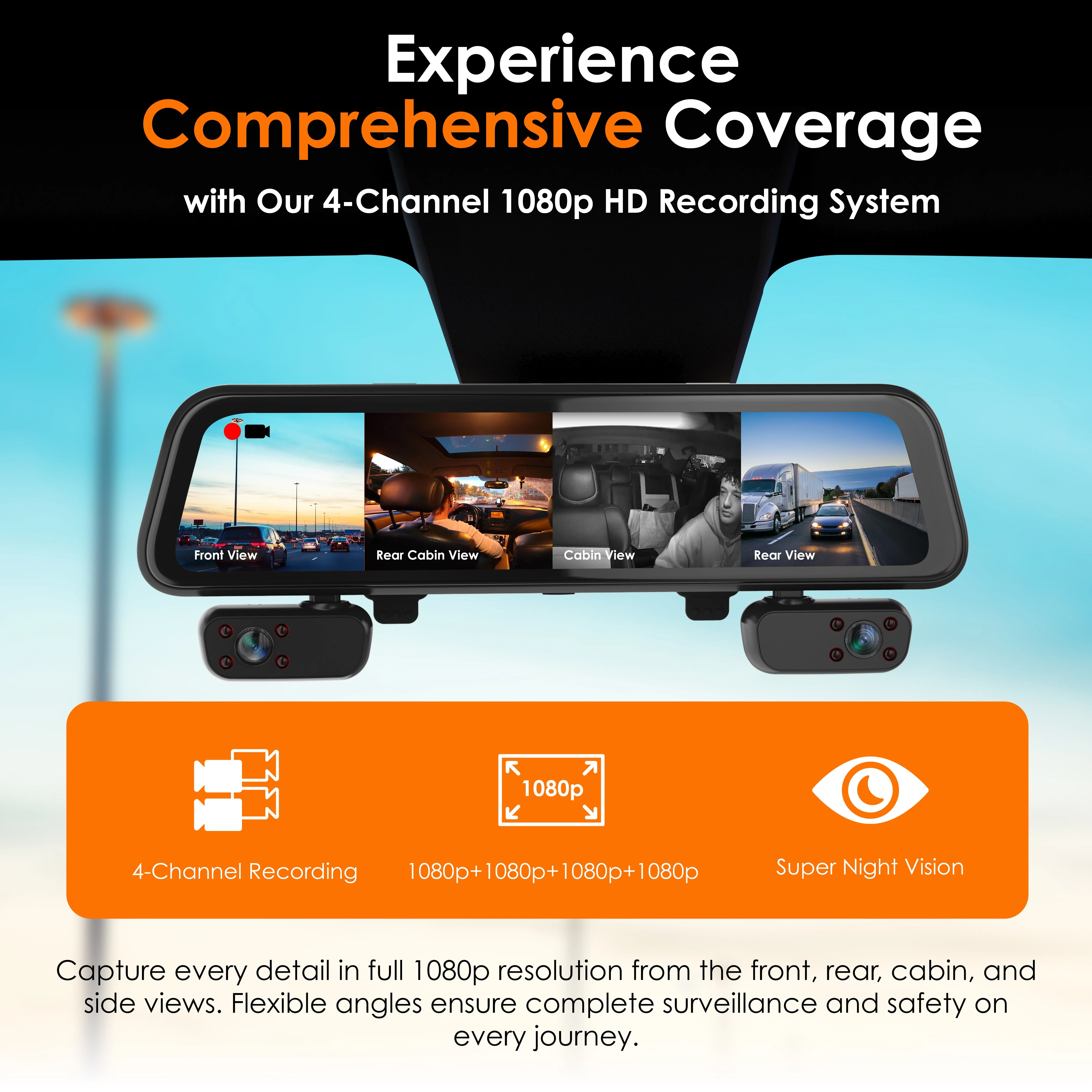 Rexing M4 4-CHANNEL MIRROR DASH CAM 12” Touch Screen Mirror Dash Cam, 1080p with GPS - Image 2