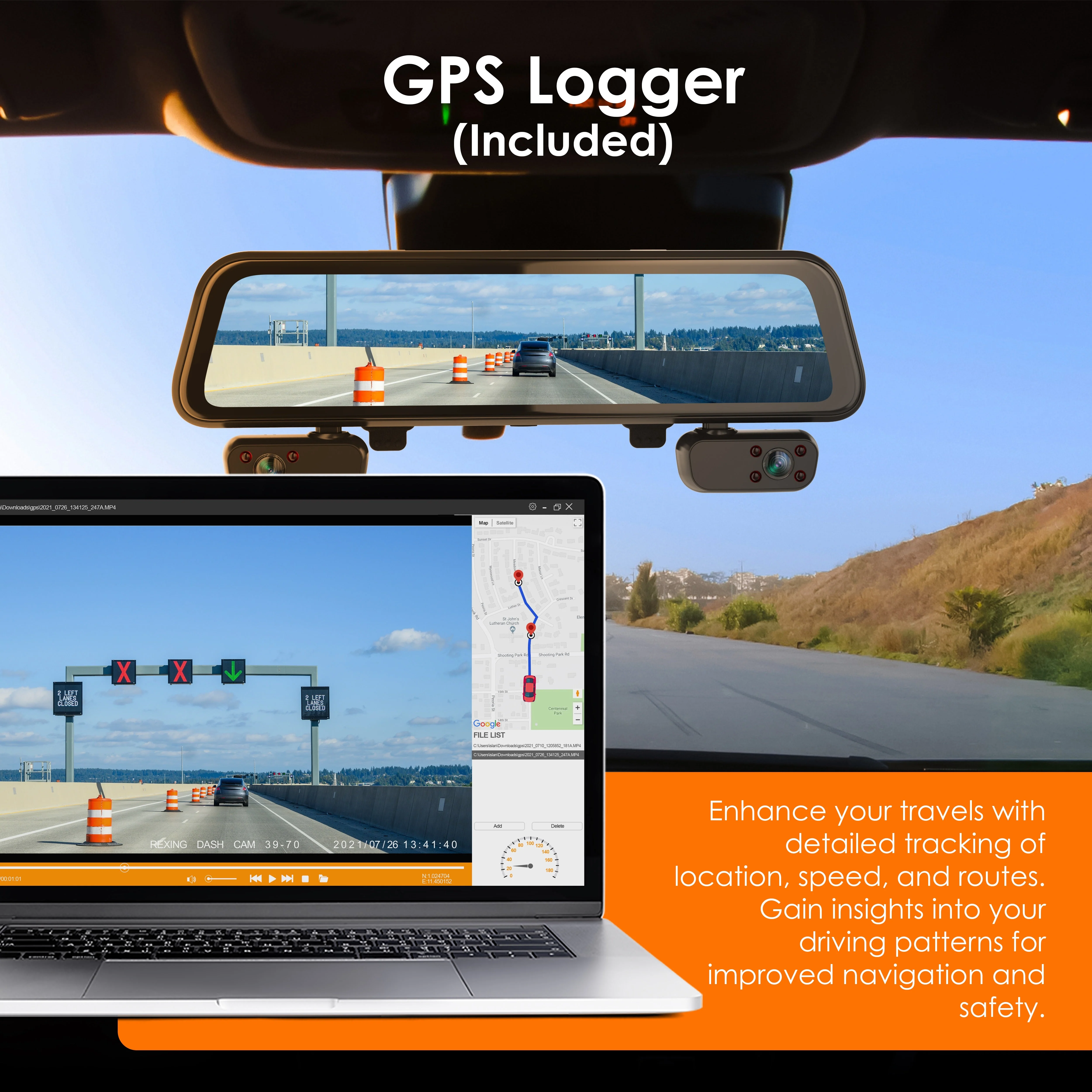 Rexing M4 4-CHANNEL MIRROR DASH CAM 12” Touch Screen Mirror Dash Cam, 1080p with GPS - Image 6