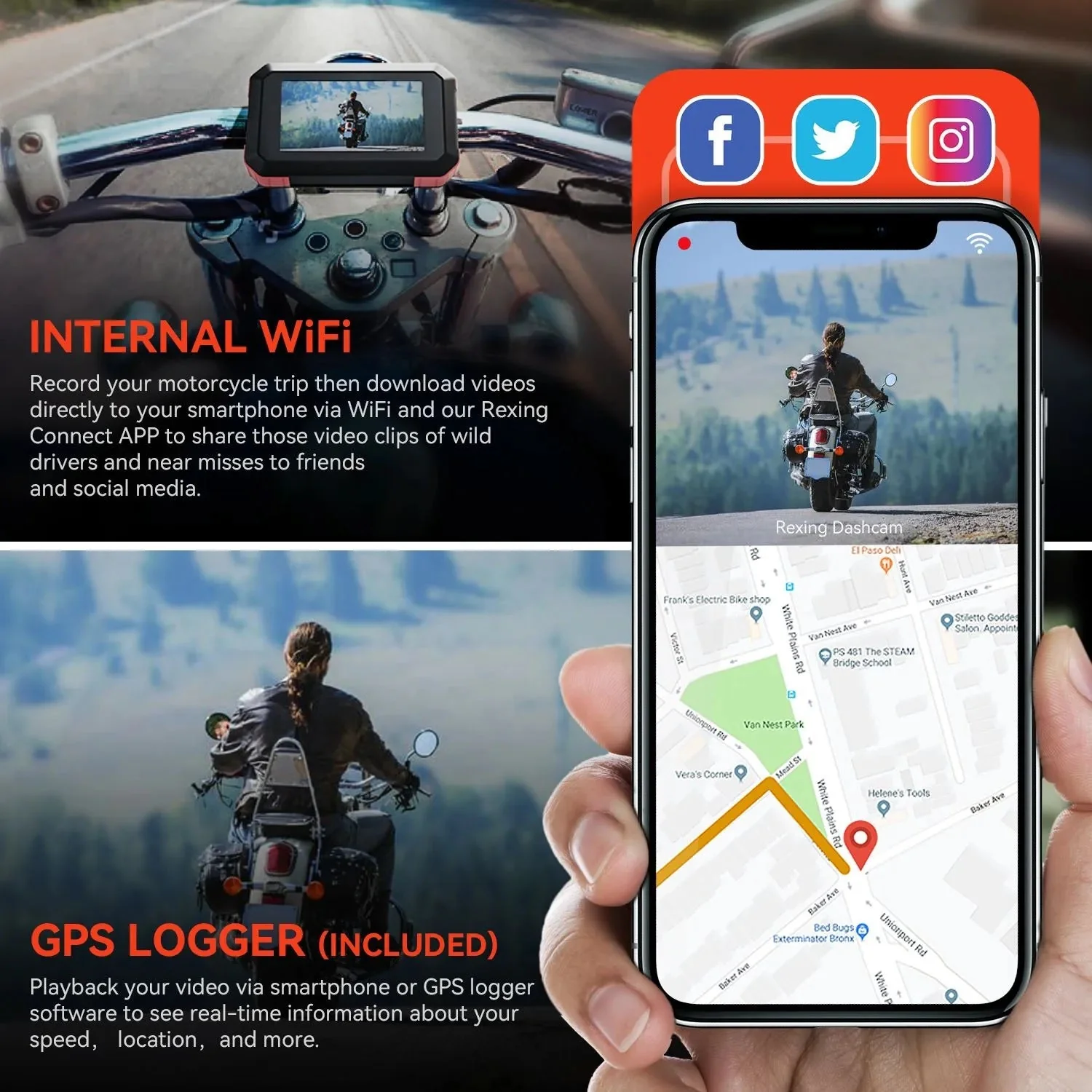 Rexing MTC1 Dual Camera Front and Rear 1080p Motorcycle Dash Cam with WiFi and GPS - Image 5