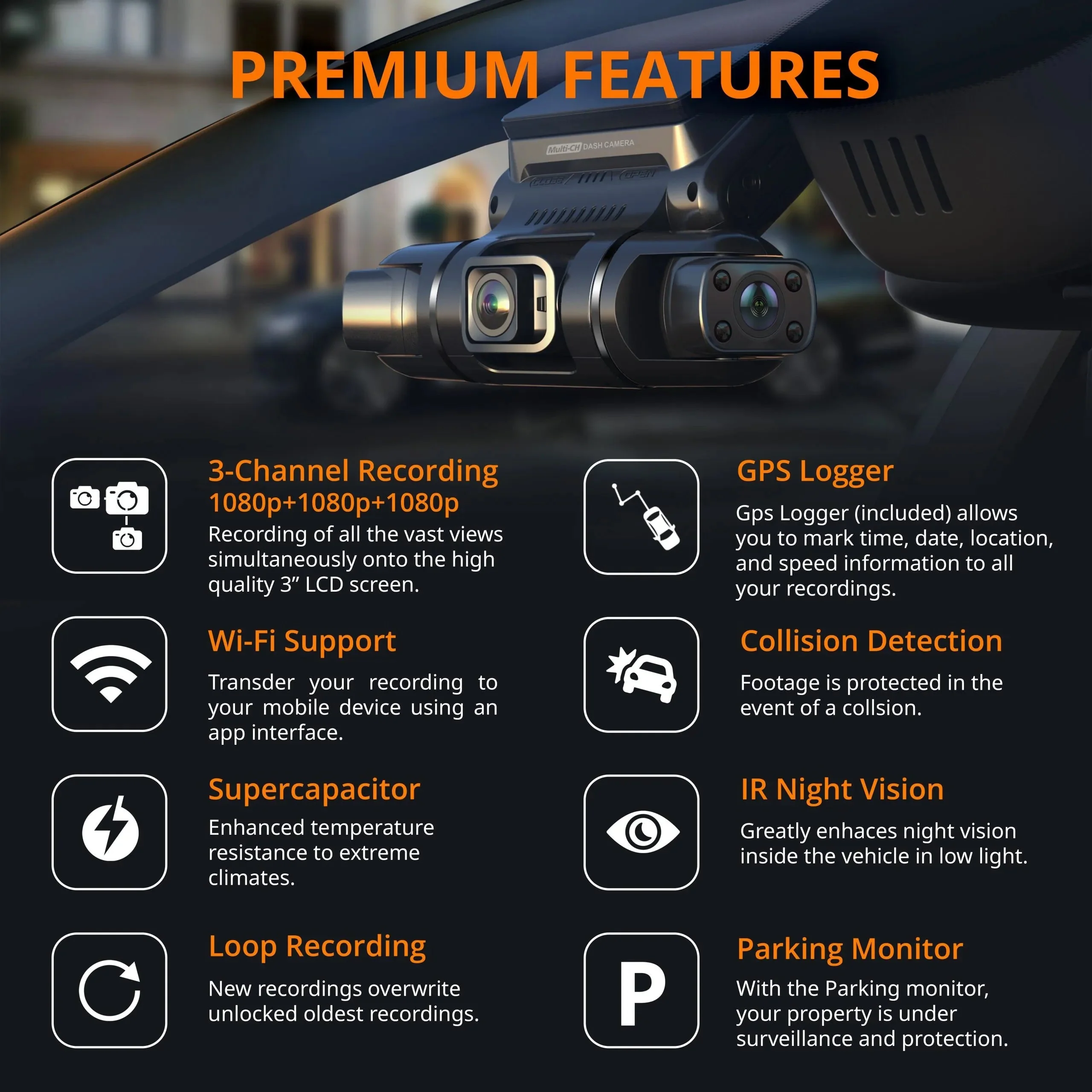 Rexing S3 3-Channel Dash Cam Front, Cabin, Sides 1080P+1080p+1080p with Wi-Fi and GPS - Image 3