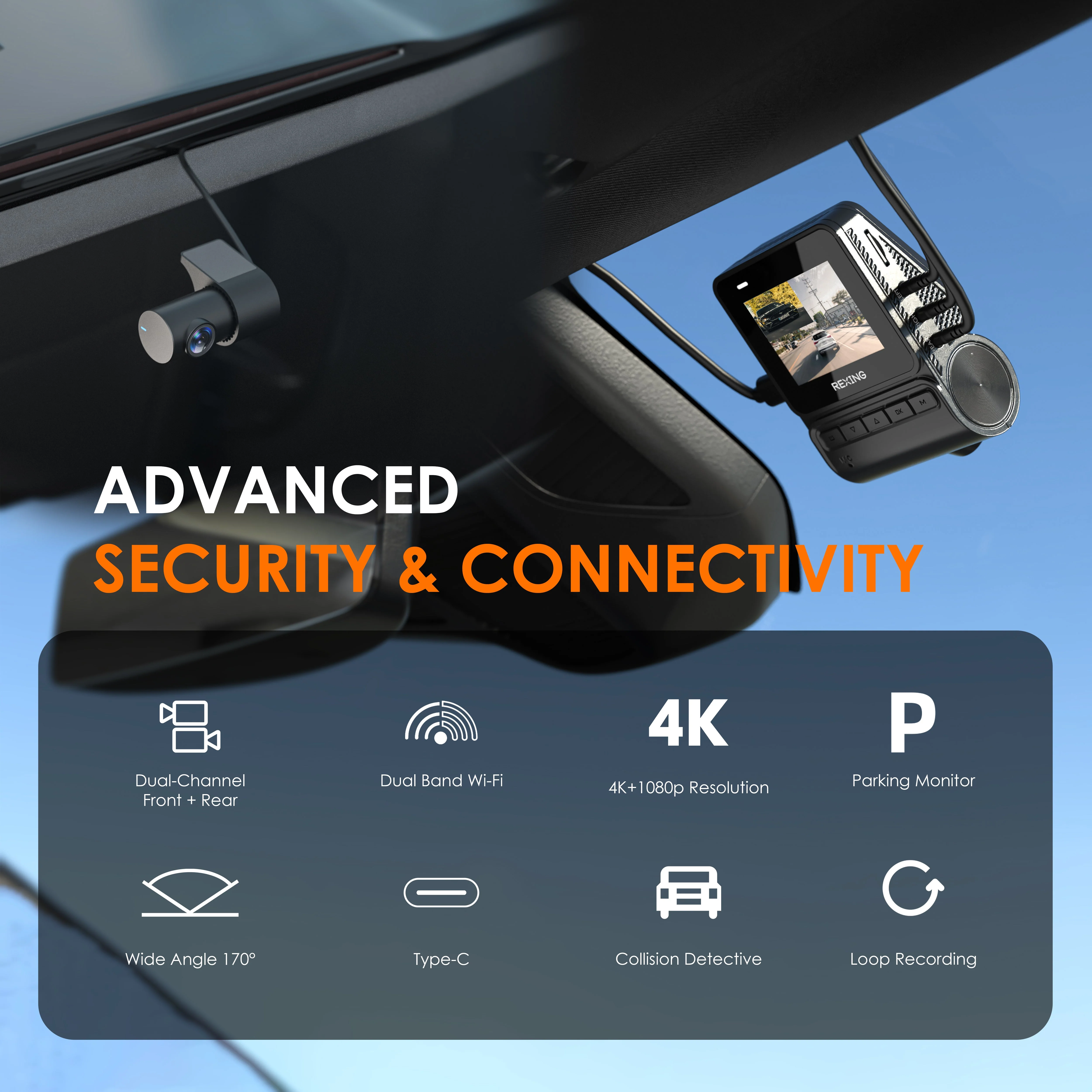 Rexing - V1P Flex X4 4K WiFi Dual Dash Cam - Black - Image 3