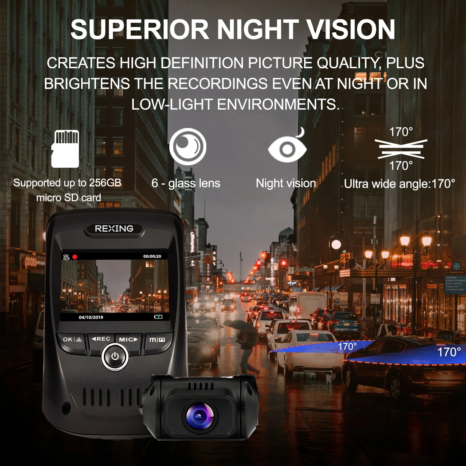 Rexing V1P Max 4K UHD Dual Channel Dash Cam 4K 3840×2160 Front + 1080p Rear with Wi-Fi and GPS - Image 3