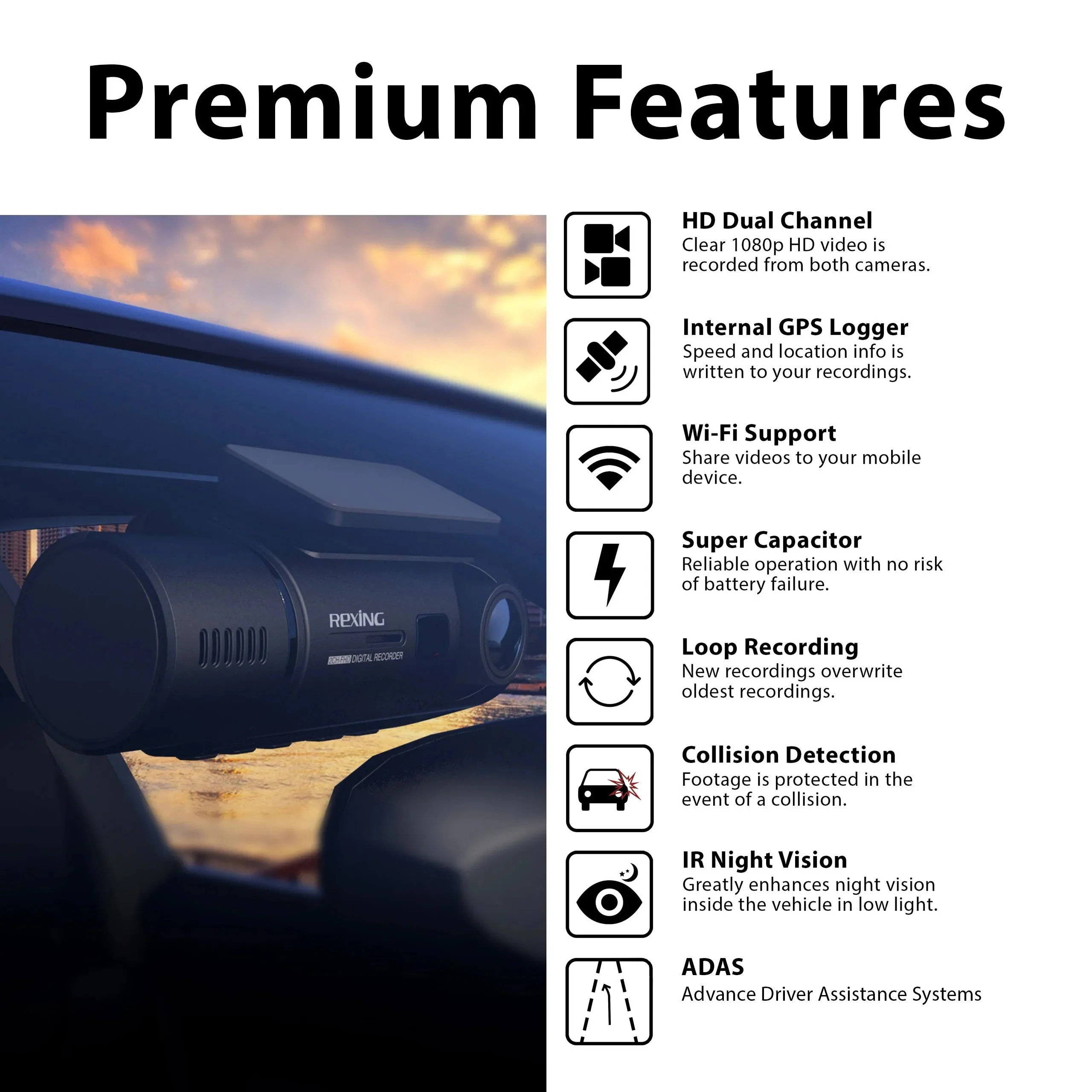 Rexing V3 Bundle Dual Camera Front and Inside Cabin Full HD 1080p with WiFi and Built-in GPS - Image 2