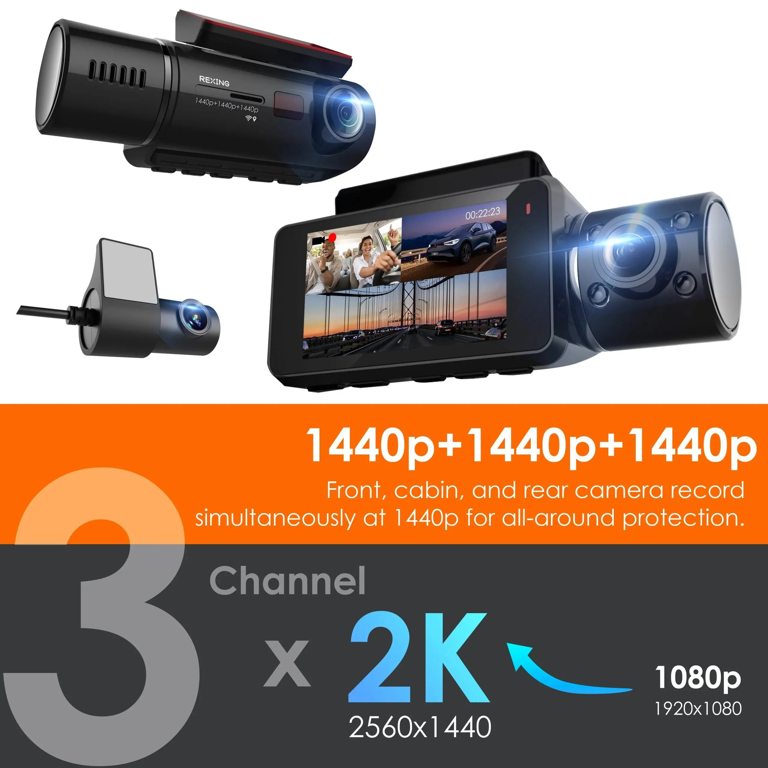 Rexing V33 3 Channel 1440p+1440p+1440p Front, Cabin and Rear Camera Dashcam with Built-in Wi-Fi & GPS - Image 3