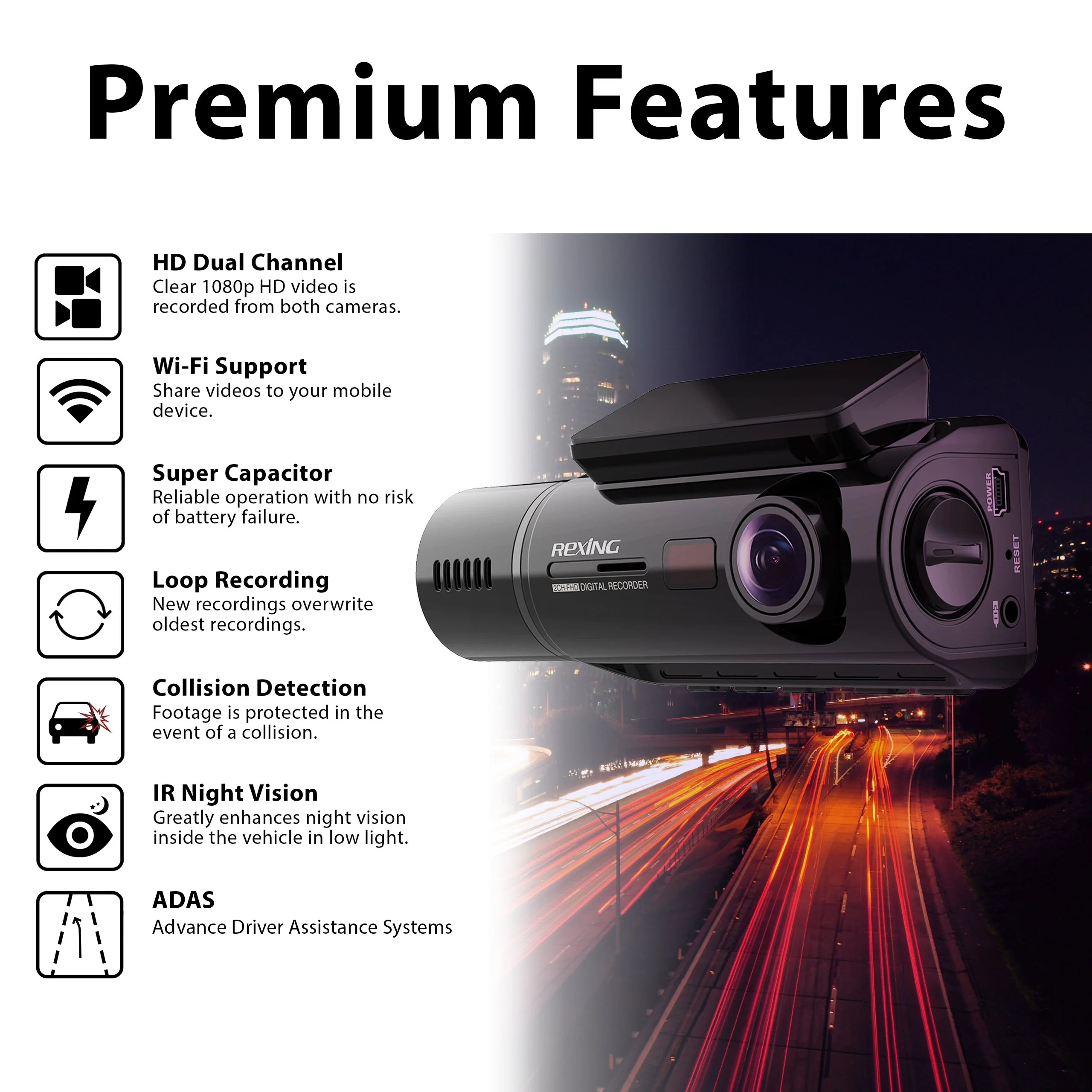 Rexing V3C Dual Camera Front and Inside Cabin Full HD 1080p Dash Cam with WiFi - Image 2