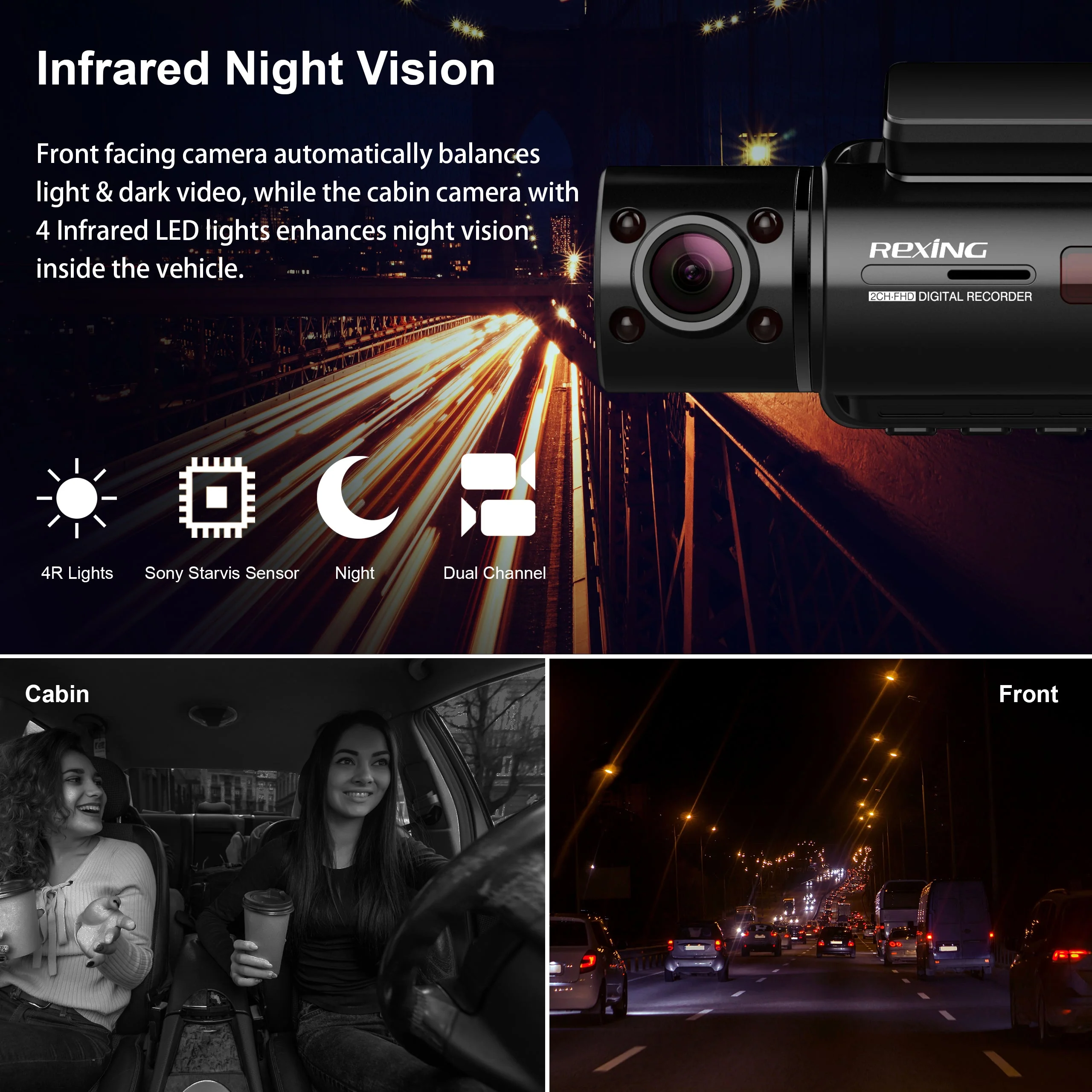 Rexing V3C Dual Camera Front and Inside Cabin Full HD 1080p Dash Cam with WiFi - Image 3