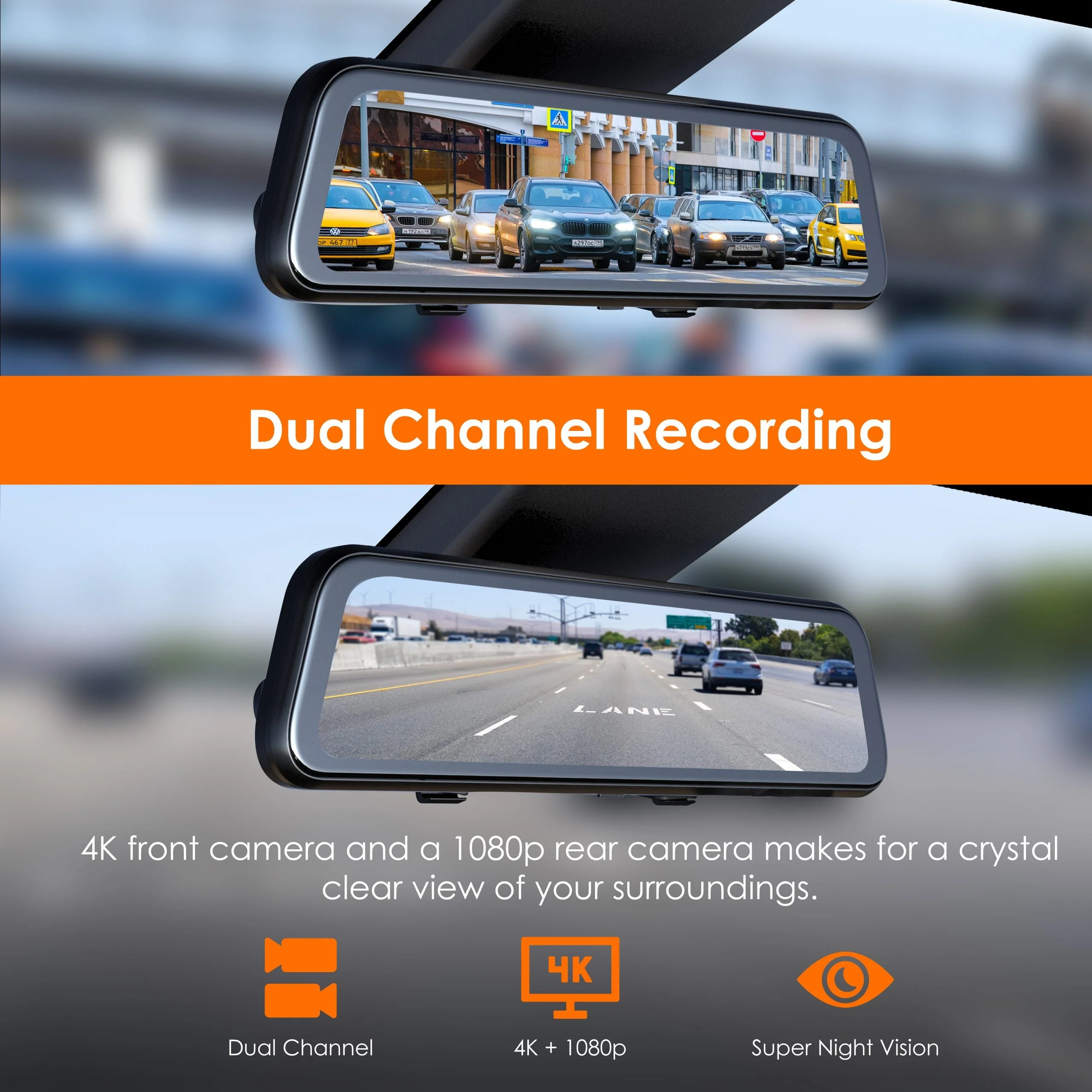 RexingUSA M2 MAX – 2-Channel Mirror Dash Cam w/ 12” IPS Touch Screen, 4K + 1080p, Wi-Fi, GPS, ADAS,Loop Recording, Backup Camera, Parking Mode, Collision Detection - Image 2