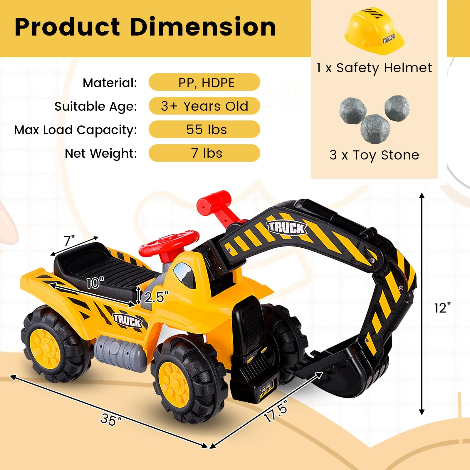 Ride on Push Car Bulldozer Digger Toy with Safety Helmet and Working Shovel - Image 4