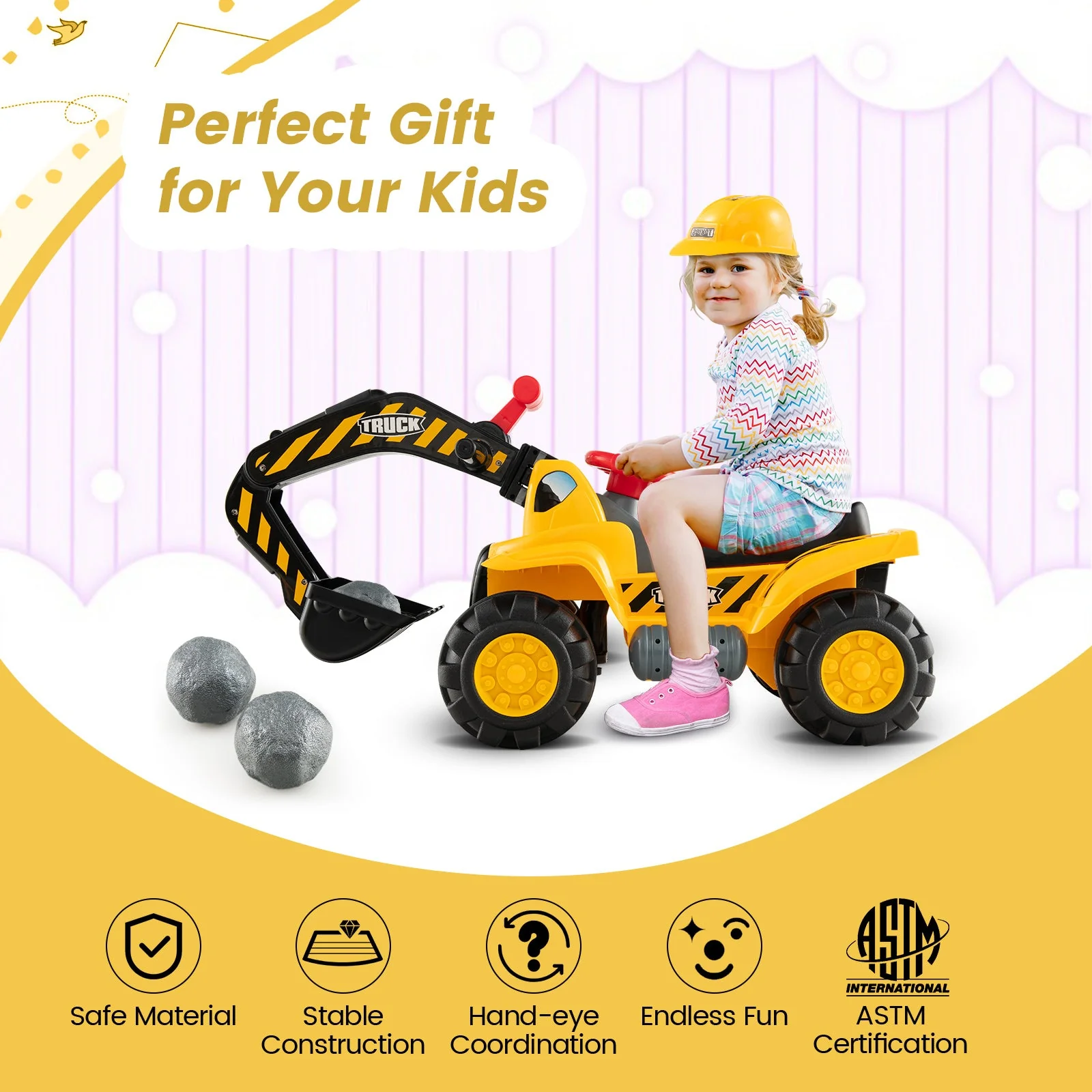 Ride on Push Car Bulldozer Digger Toy with Safety Helmet and Working Shovel - Image 5