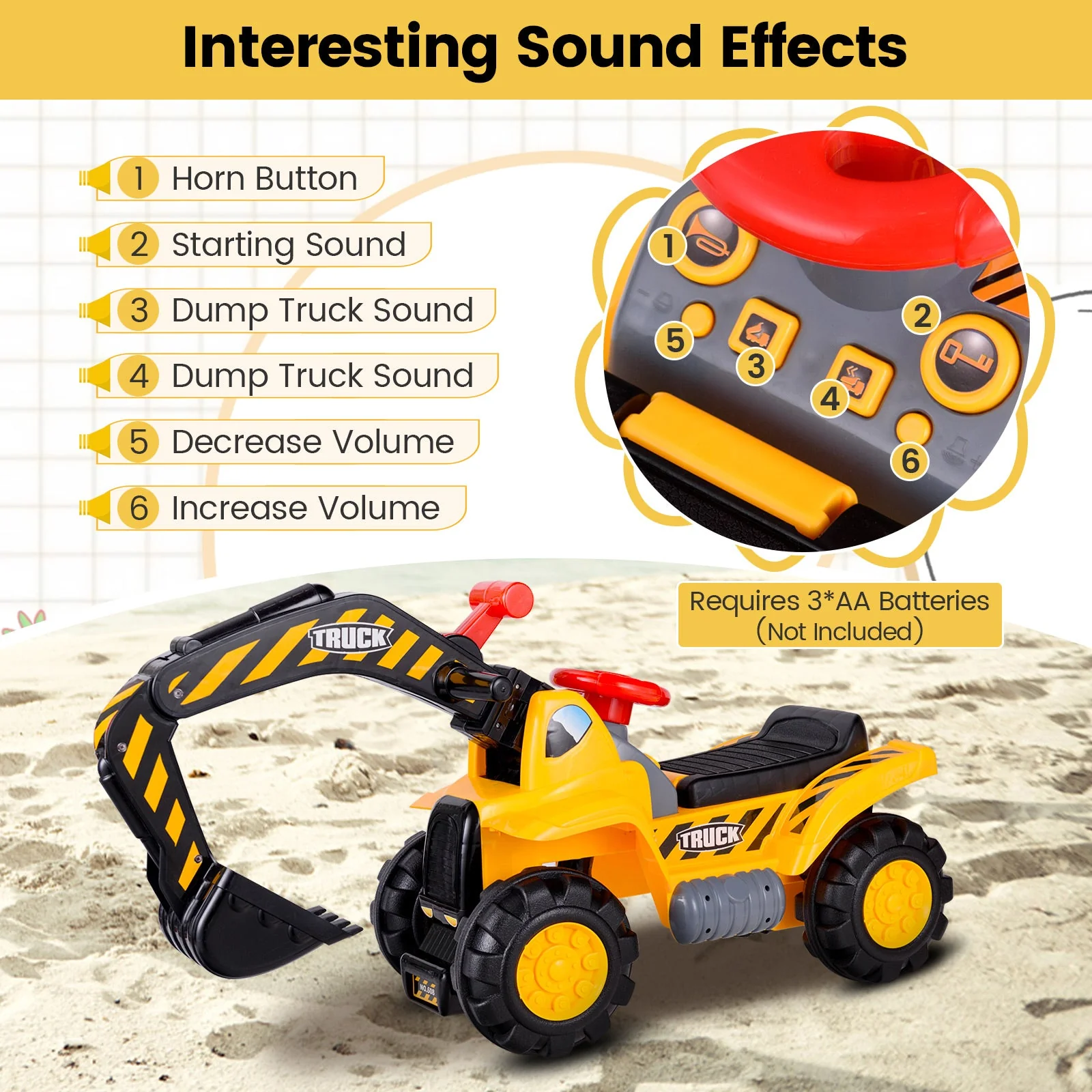 Ride on Push Car Bulldozer Digger Toy with Safety Helmet and Working Shovel - Image 6