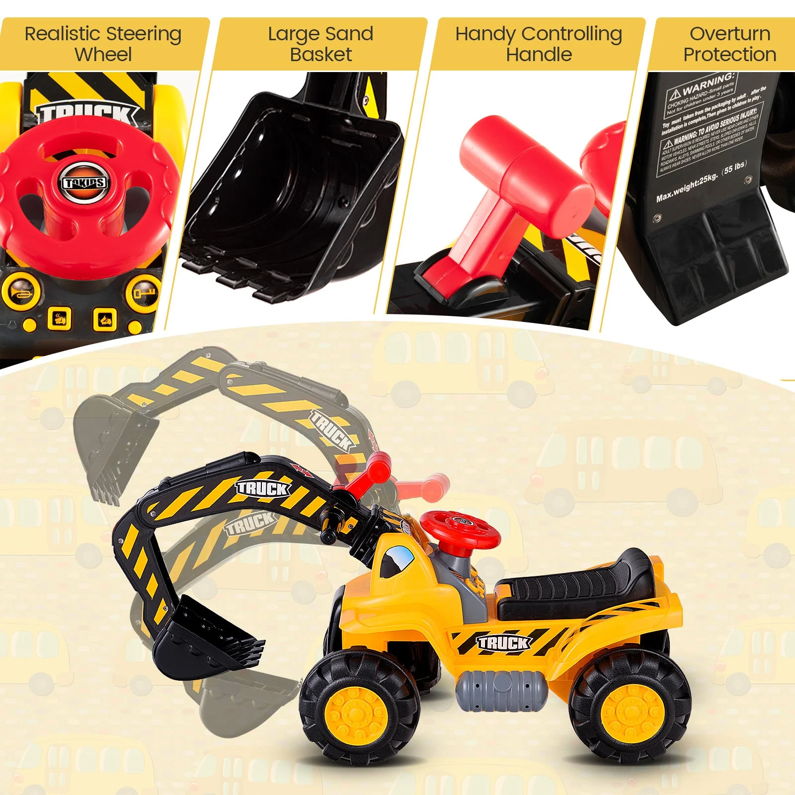 Ride on Push Car Bulldozer Digger Toy with Safety Helmet and Working Shovel - Image 7