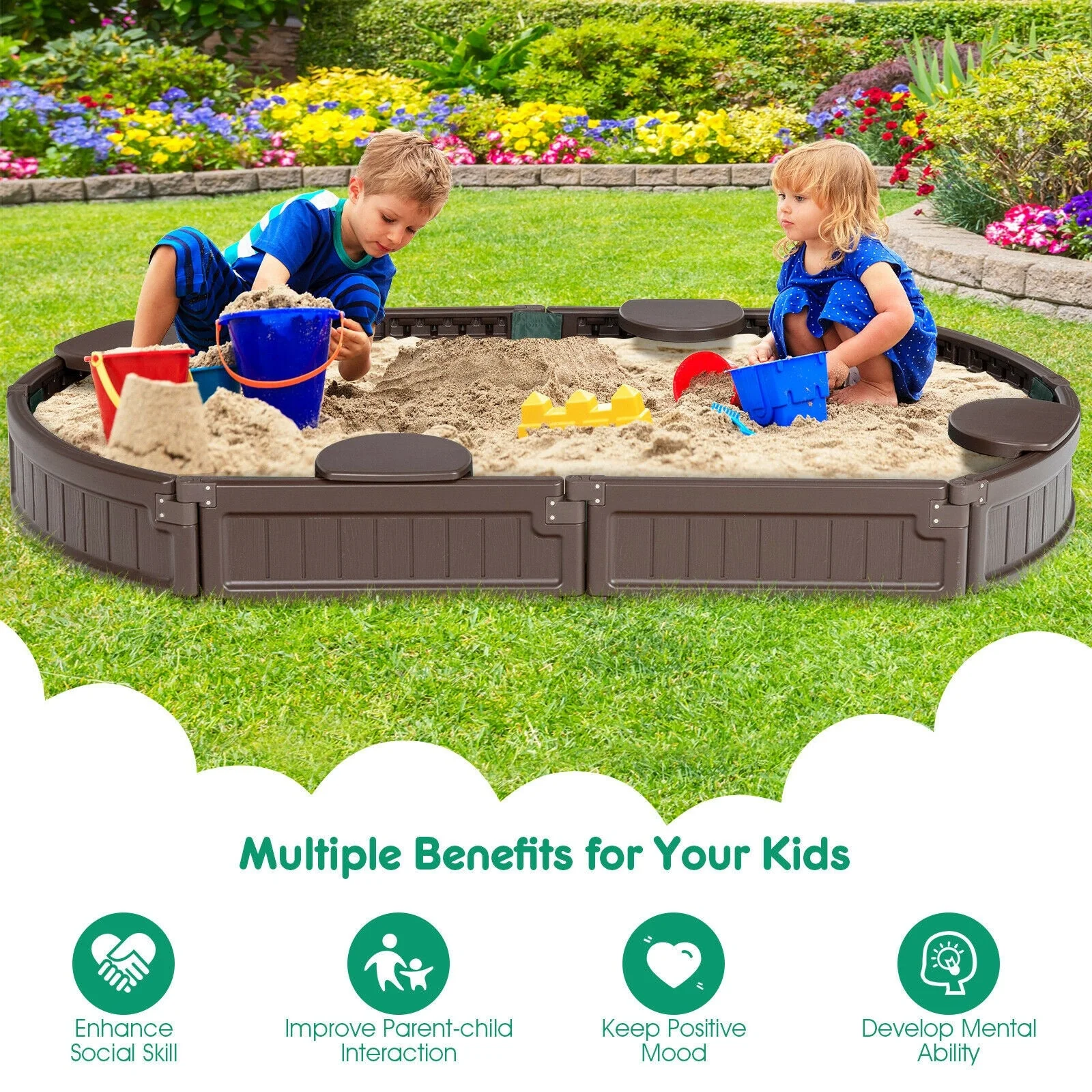Sandbox with Built-in Corner Seat and Bottom Liner-Brown - Image 6