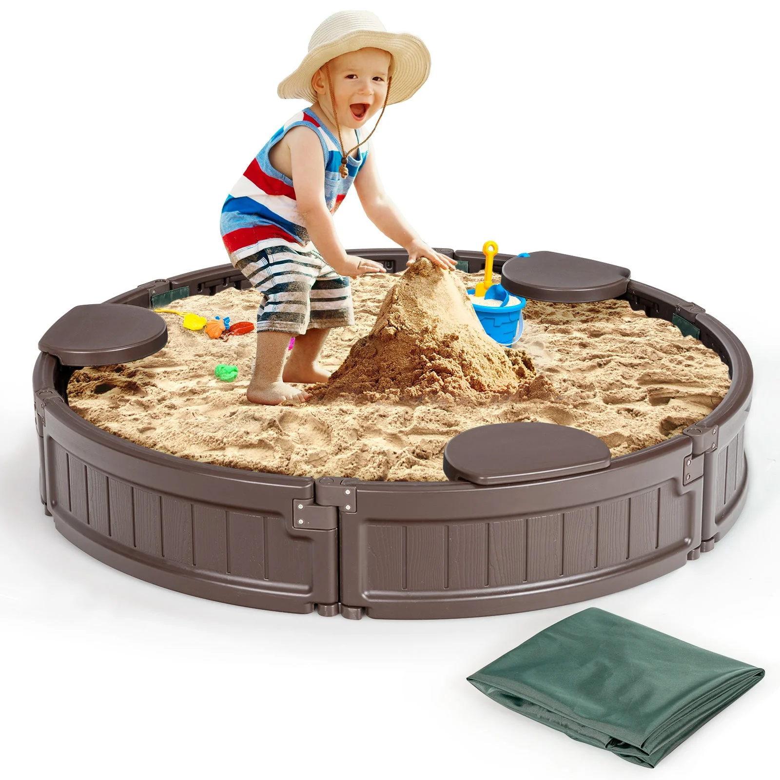 Sandbox with Built-in Corner Seat and Cover-Brown - Image 3
