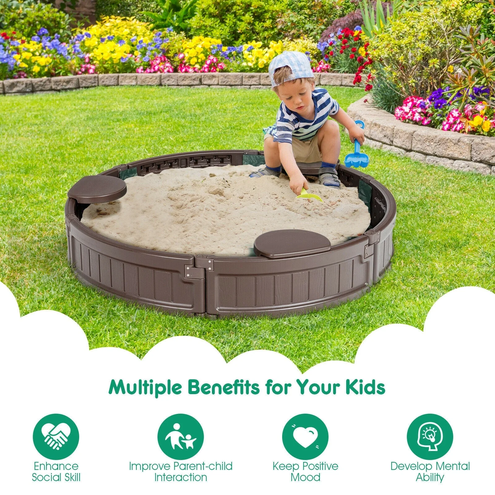 Sandbox with Built-in Corner Seat and Cover-Brown - Image 5