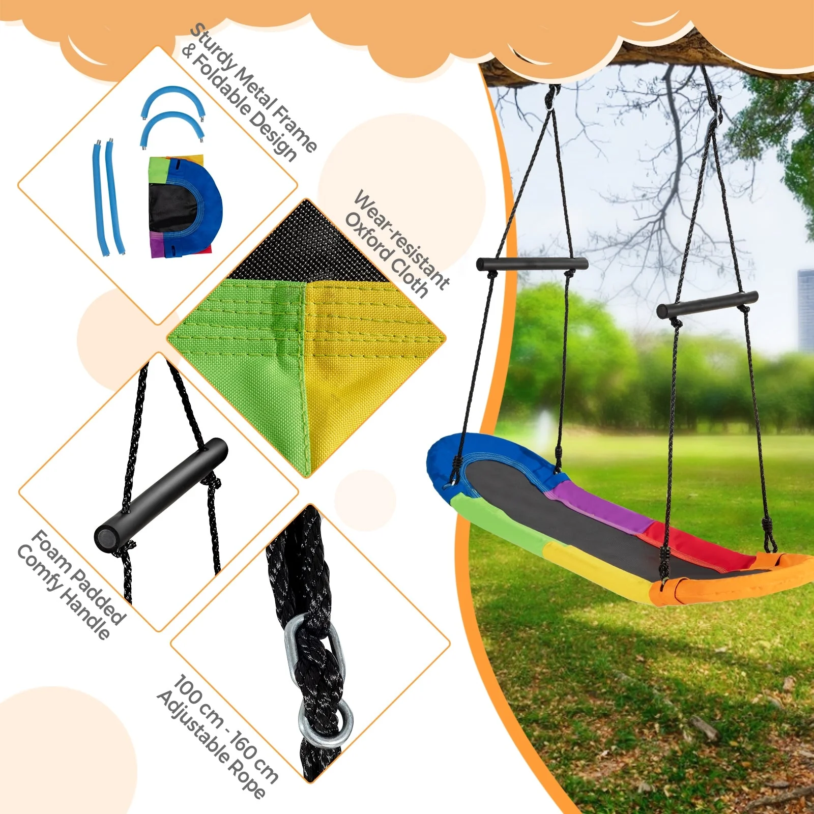 Saucer Tree Swing Surf Kids Outdoor Adjustable Oval Platform Set with Handle-Color - Image 5